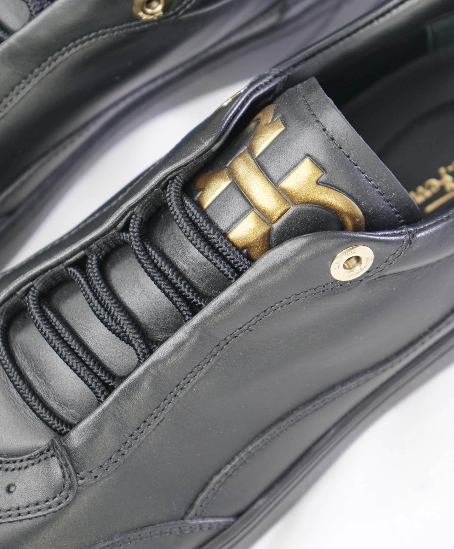 $800 Salvatore Ferragamo Black Sneakers Leather GOLD GANCINI 8.5 M