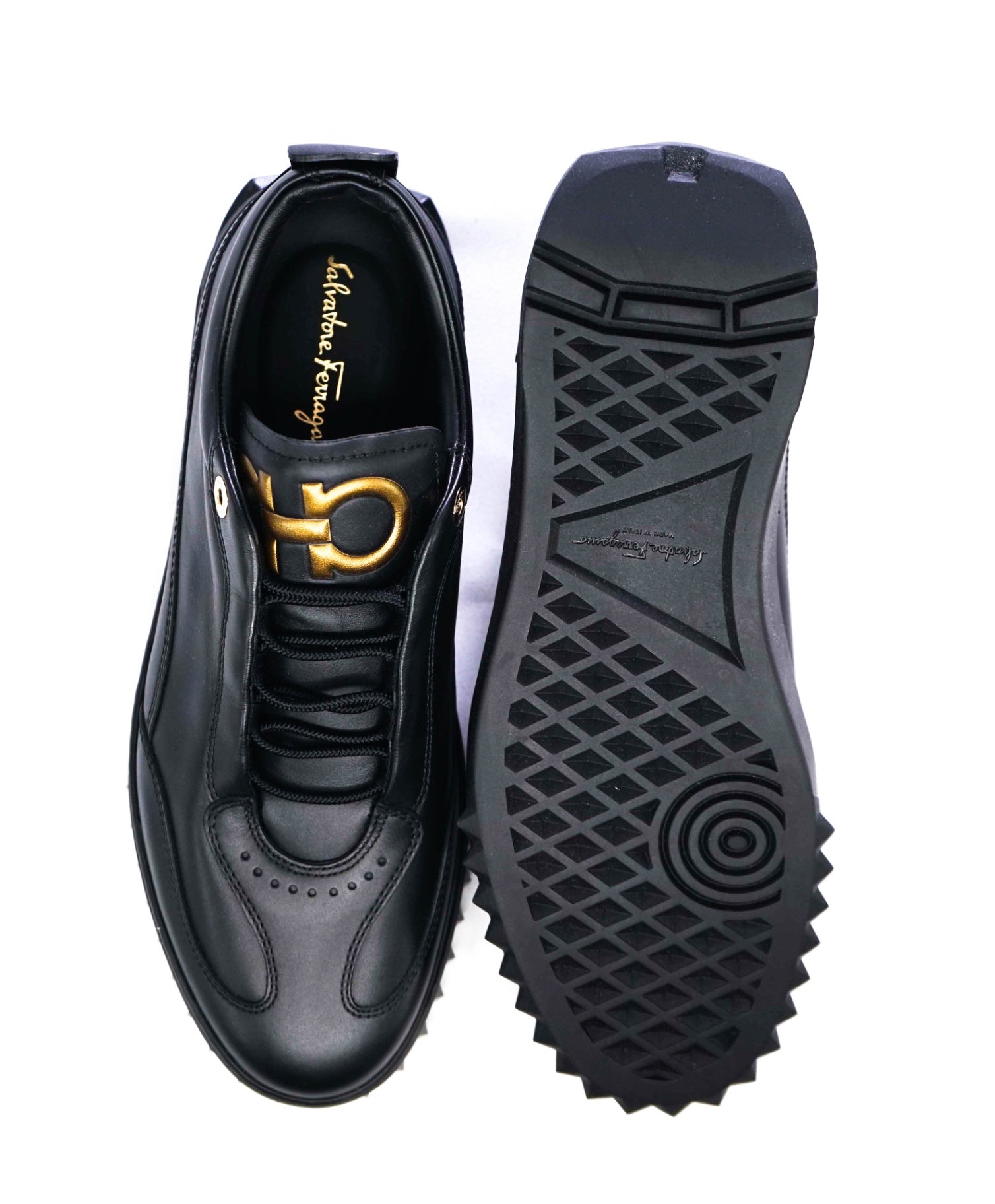 $800 Salvatore Ferragamo Black Sneakers Leather GOLD GANCINI 8.5 M