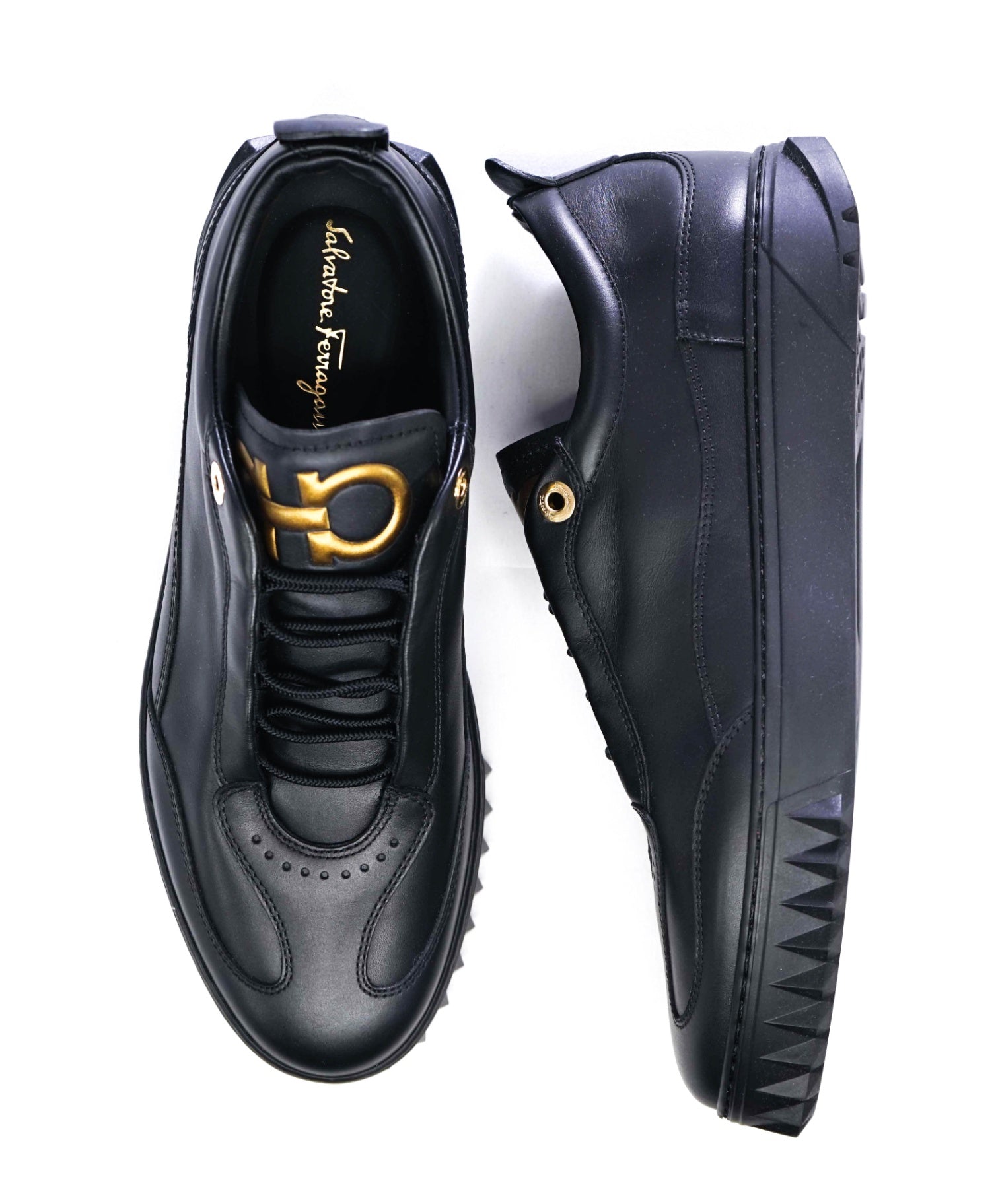 $800 Salvatore Ferragamo Black Sneakers Leather GOLD GANCINI 8.5 M