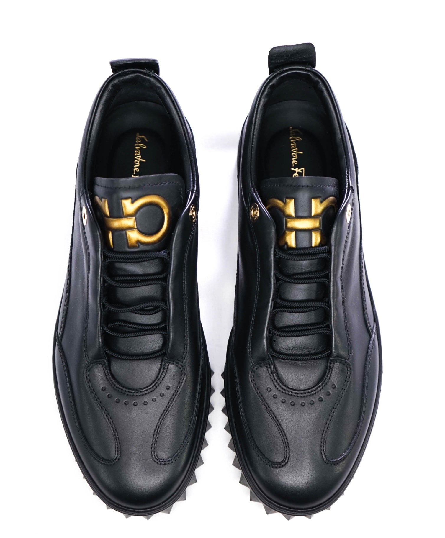 $800 Salvatore Ferragamo Black Sneakers Leather GOLD GANCINI 8.5 M