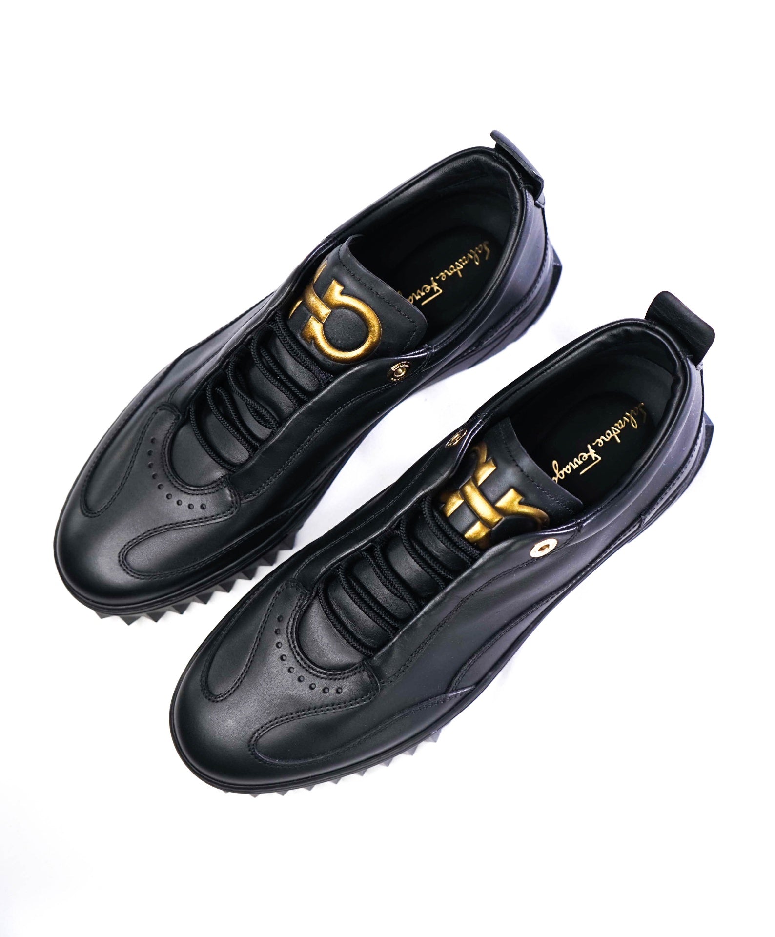 $800 Salvatore Ferragamo Black Sneakers Leather GOLD GANCINI 8.5 M