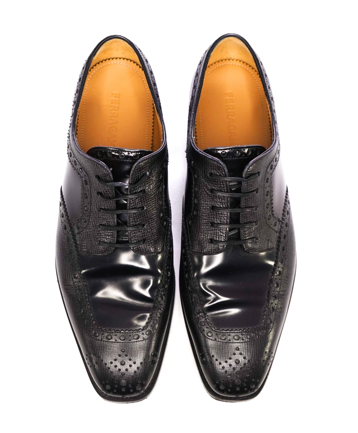 $950 Ferragamo Black Mixed-Media Brogue Oxfords - 10 3E US