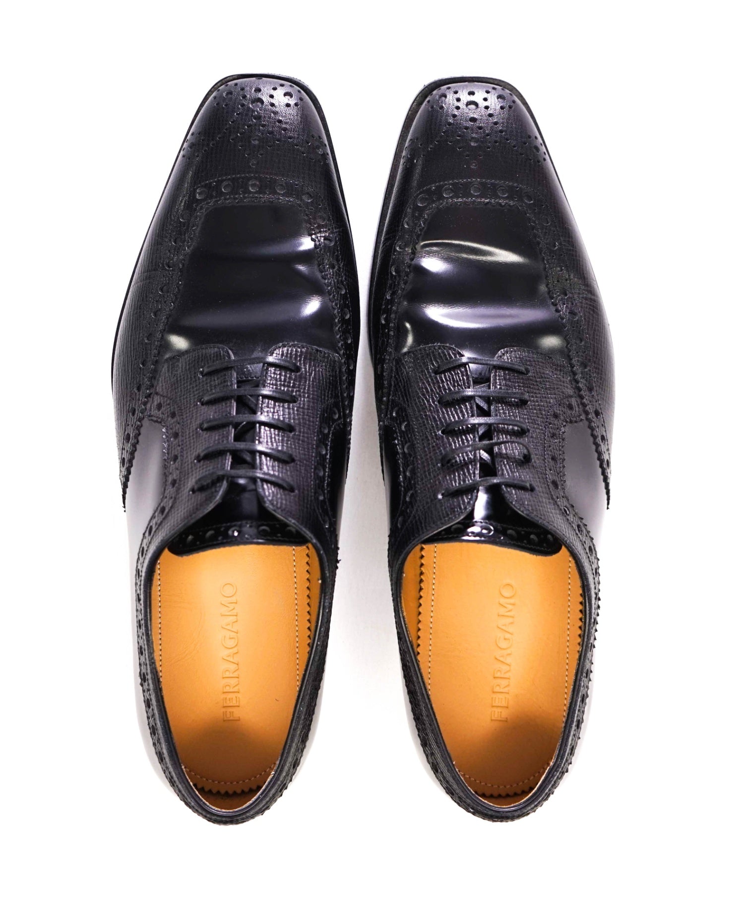 $950 Ferragamo Black Mixed-Media Brogue Oxfords - 10 3E US
