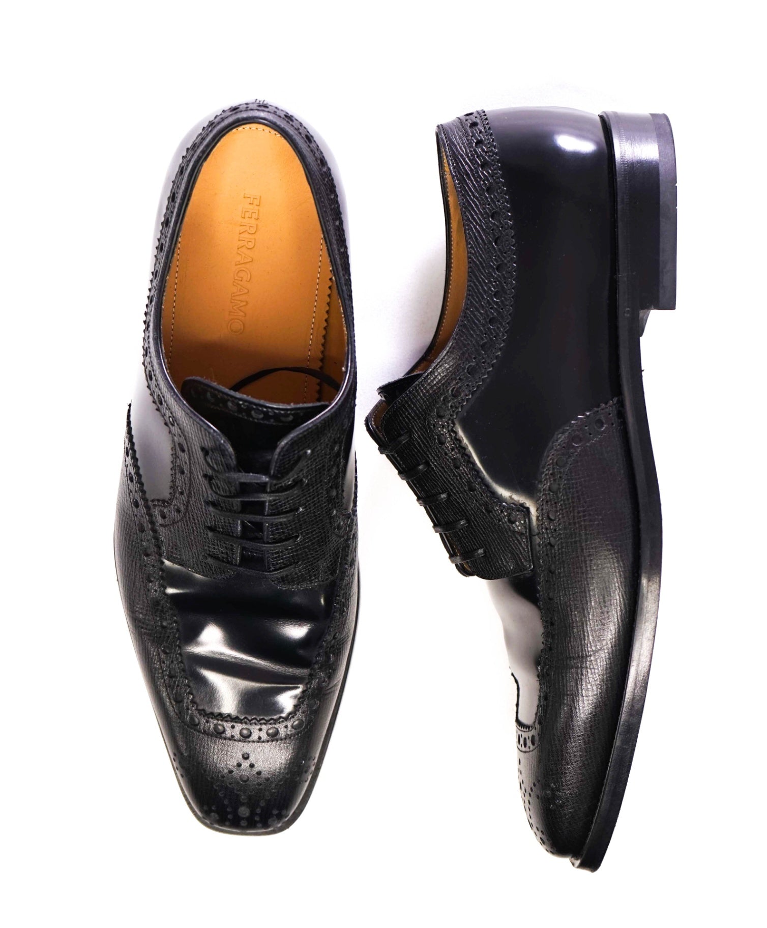 $950 Ferragamo Black Mixed-Media Brogue Oxfords - 10 3E US