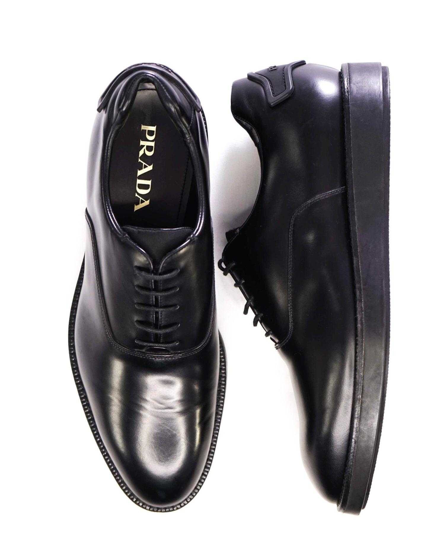 $1,050 Prada Solid Black Lug Sole LOGO PATCH Oxfords 9.5 US (8.5UK)