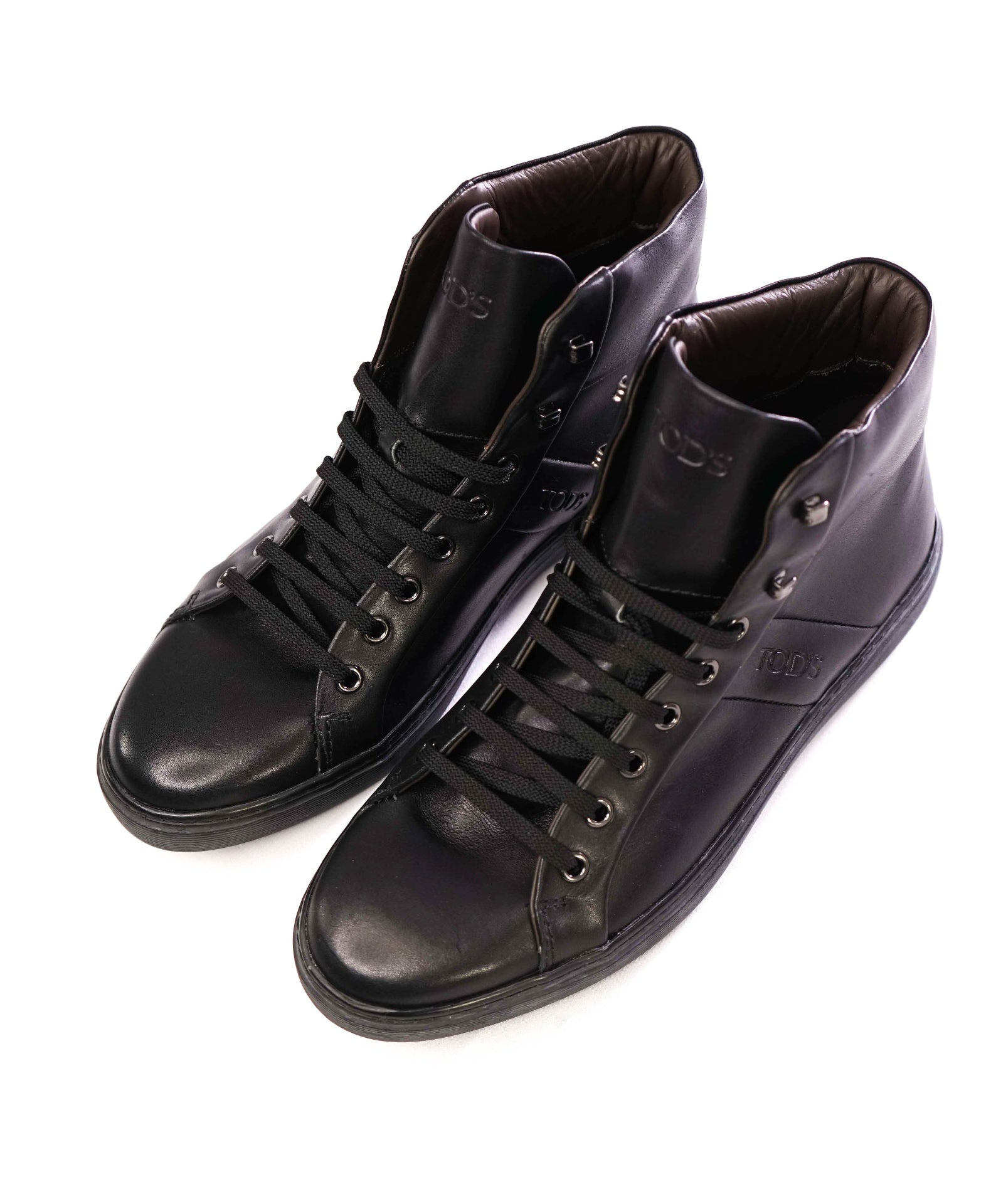 $700 Tod's Solid Black Leather Hightop Sneakers US 7