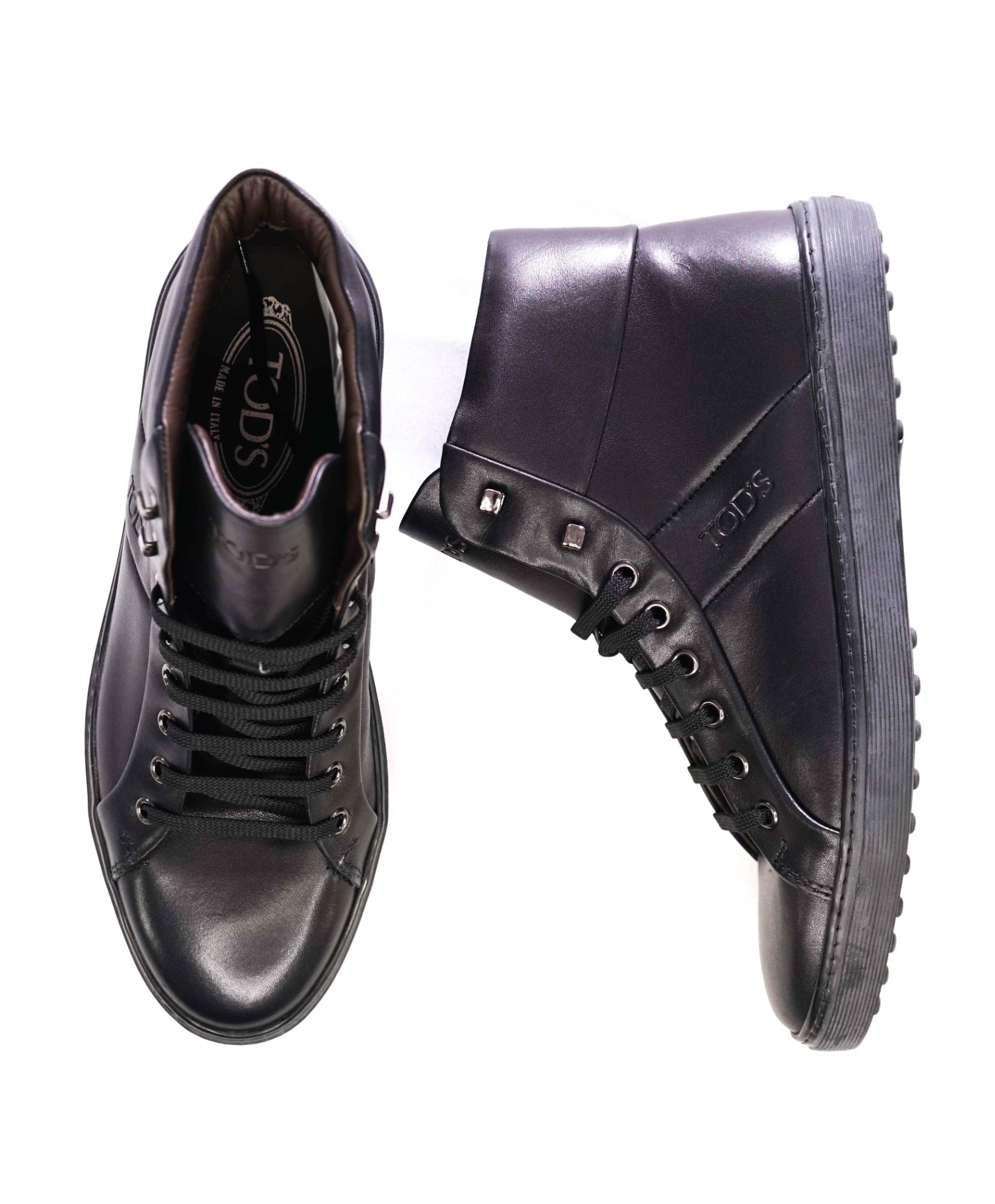 $700 Tod's Solid Black Leather Hightop Sneakers US 7