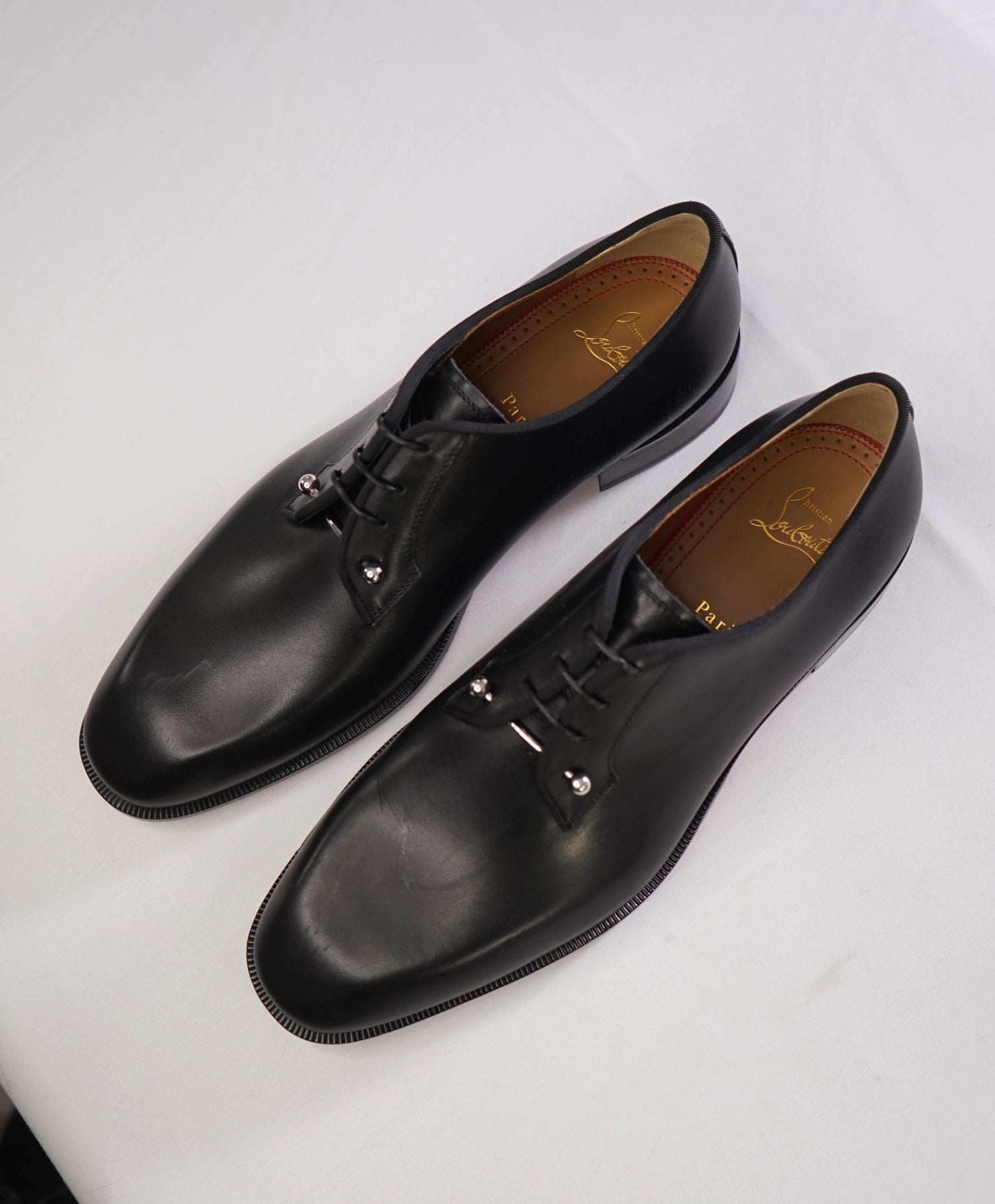 $1,250 Christain Louboutin Paris Solid Black Leather Oxfords US 10.5 UK 9.5