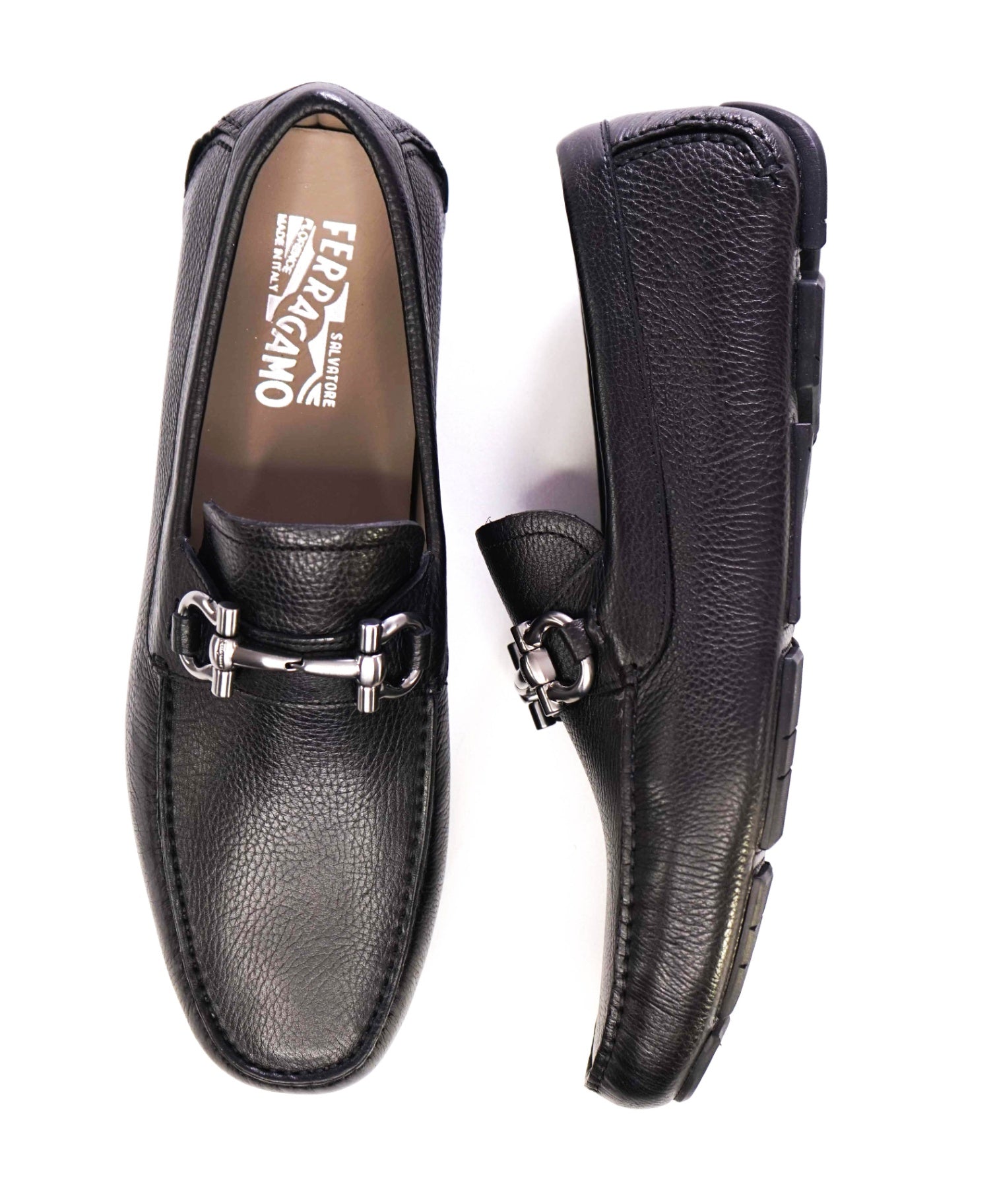 $795 Salvatore Ferragamo Black Pebbled Leather "PARIGI" Loafers 10.5 D