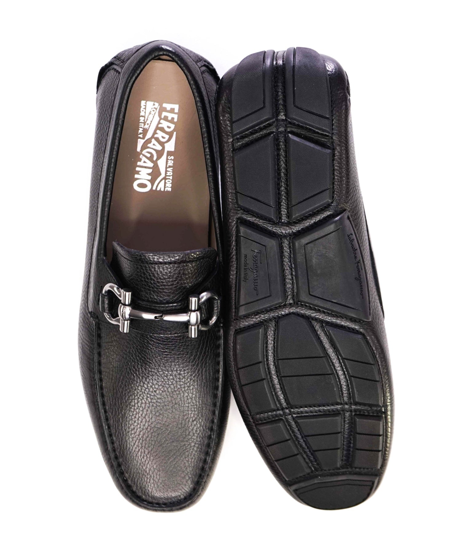 $795 Salvatore Ferragamo Black Pebbled Leather "PARIGI" Loafers 10.5 D
