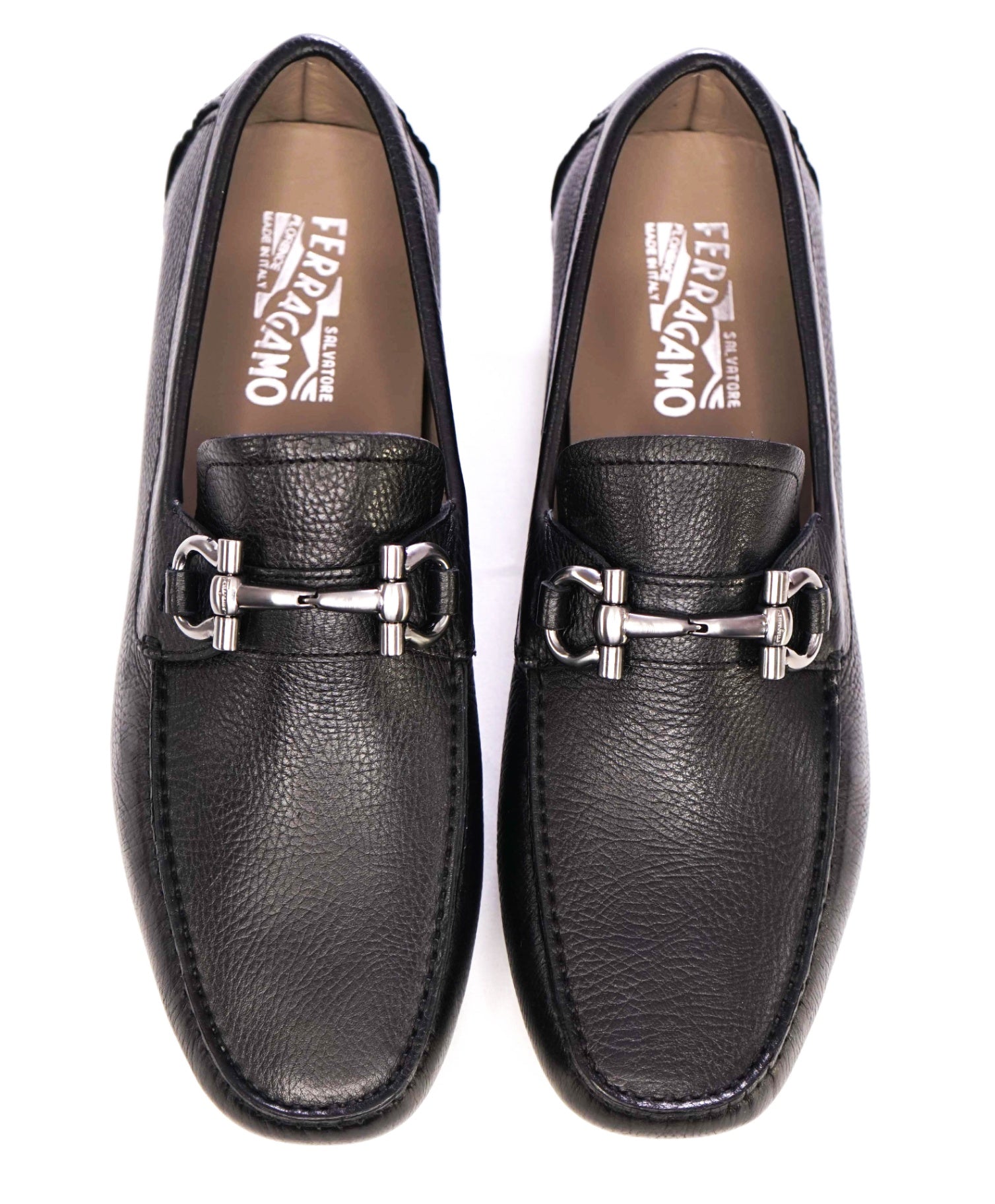 $795 Salvatore Ferragamo Black Pebbled Leather "PARIGI" Loafers 10.5 D