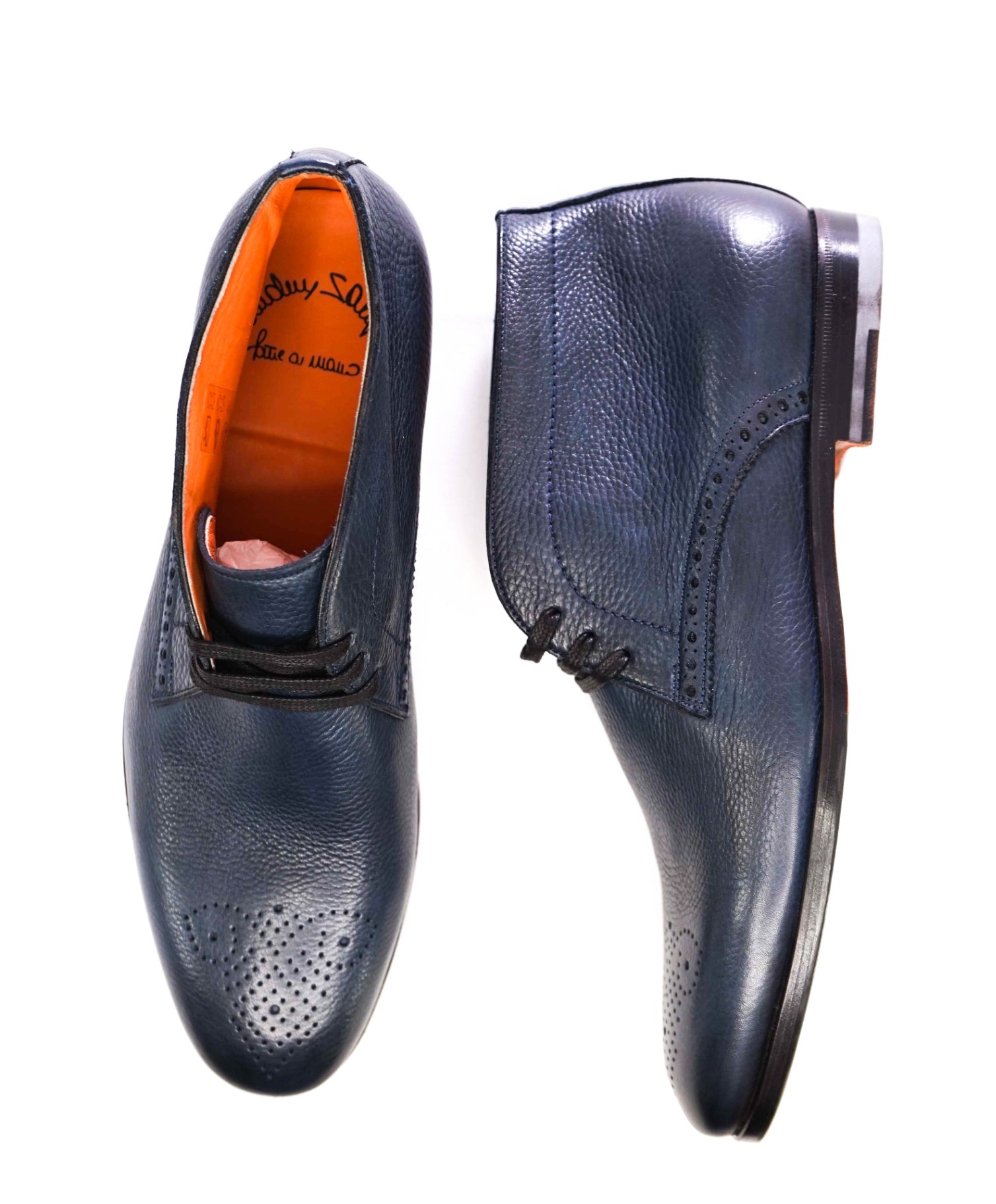 $950 Santoni Pebbled Navy Leather FATTE A MANO Ankle Boot 9.5 US (8.5UK)