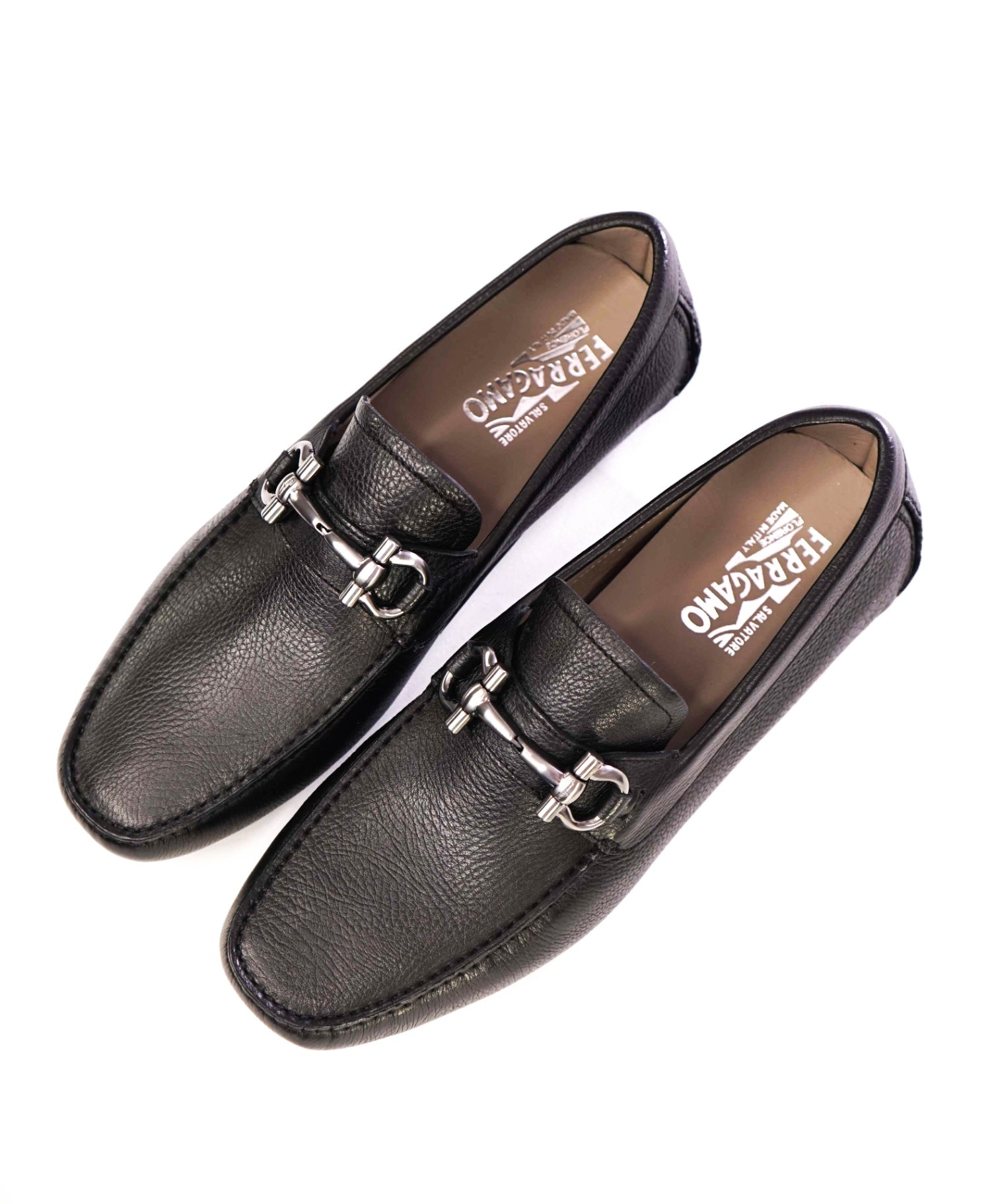 $795 Salvatore Ferragamo Black Pebbled Leather "PARIGI" Loafers 10.5 D