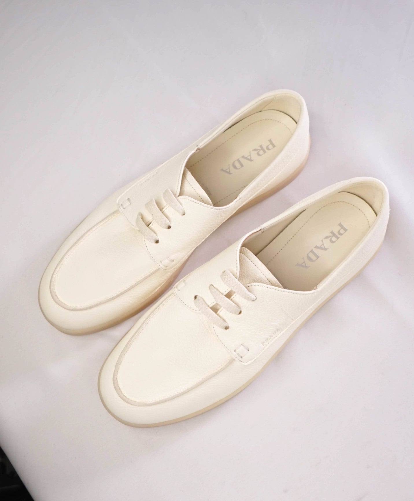 $1,020 Prada LOGO Boat Shoe Slip-on Off White Leather 11 US (10UK)