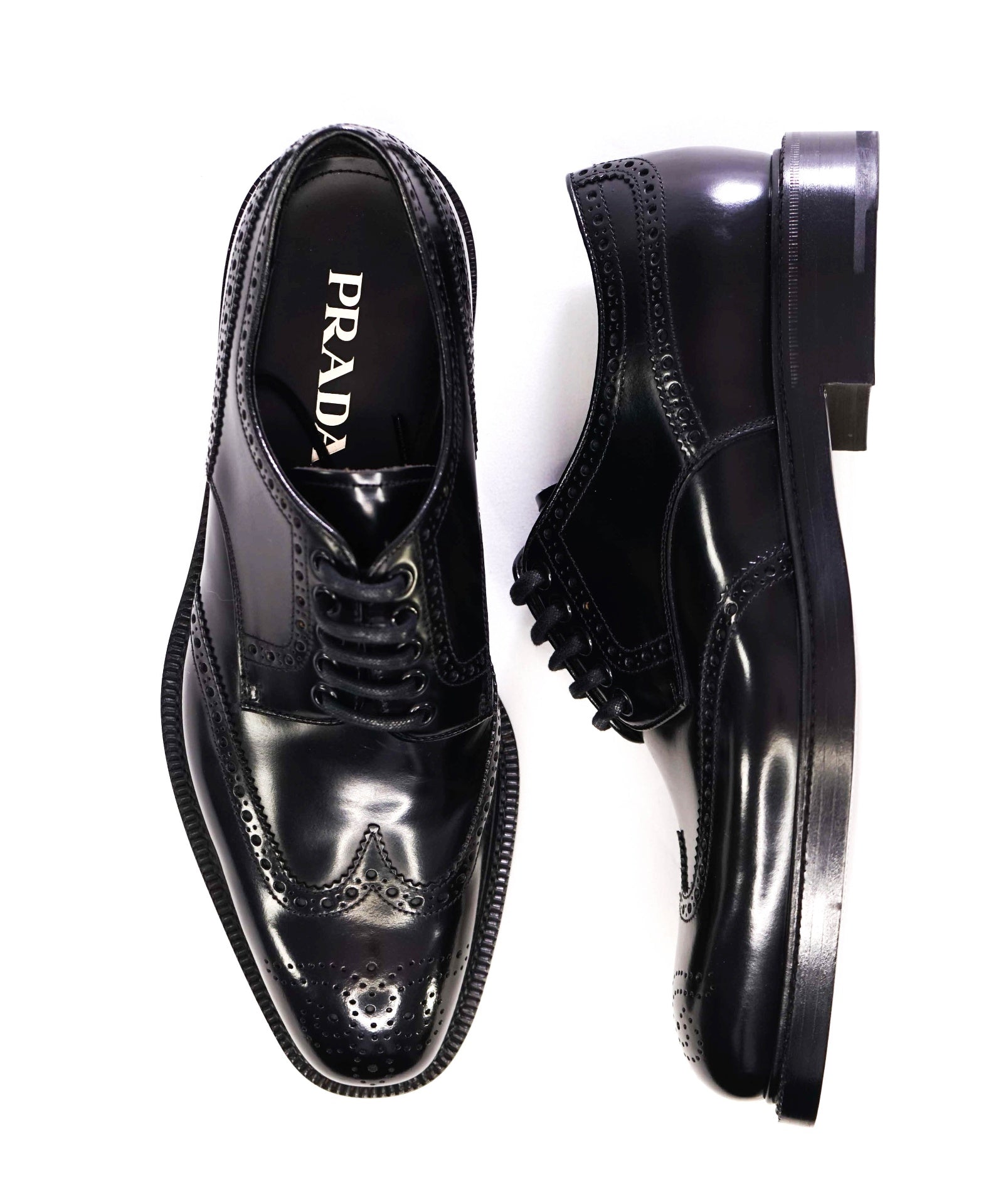 $1,150 Prada Classic Black Leather Brogue Wingtip Oxfords 8.5 (7.5 UK)