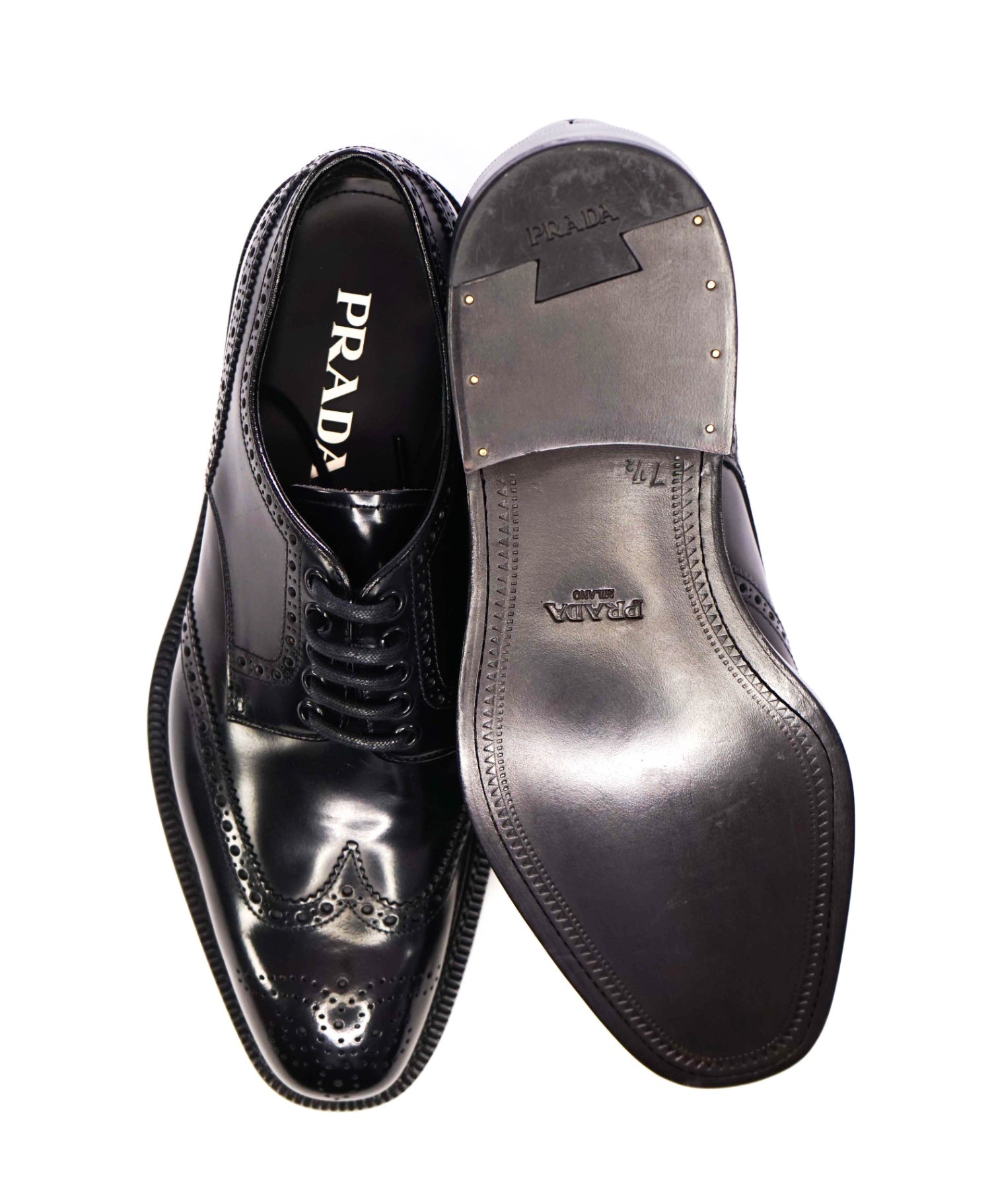 $1,150 Prada Classic Black Leather Brogue Wingtip Oxfords 8.5 (7.5 UK)