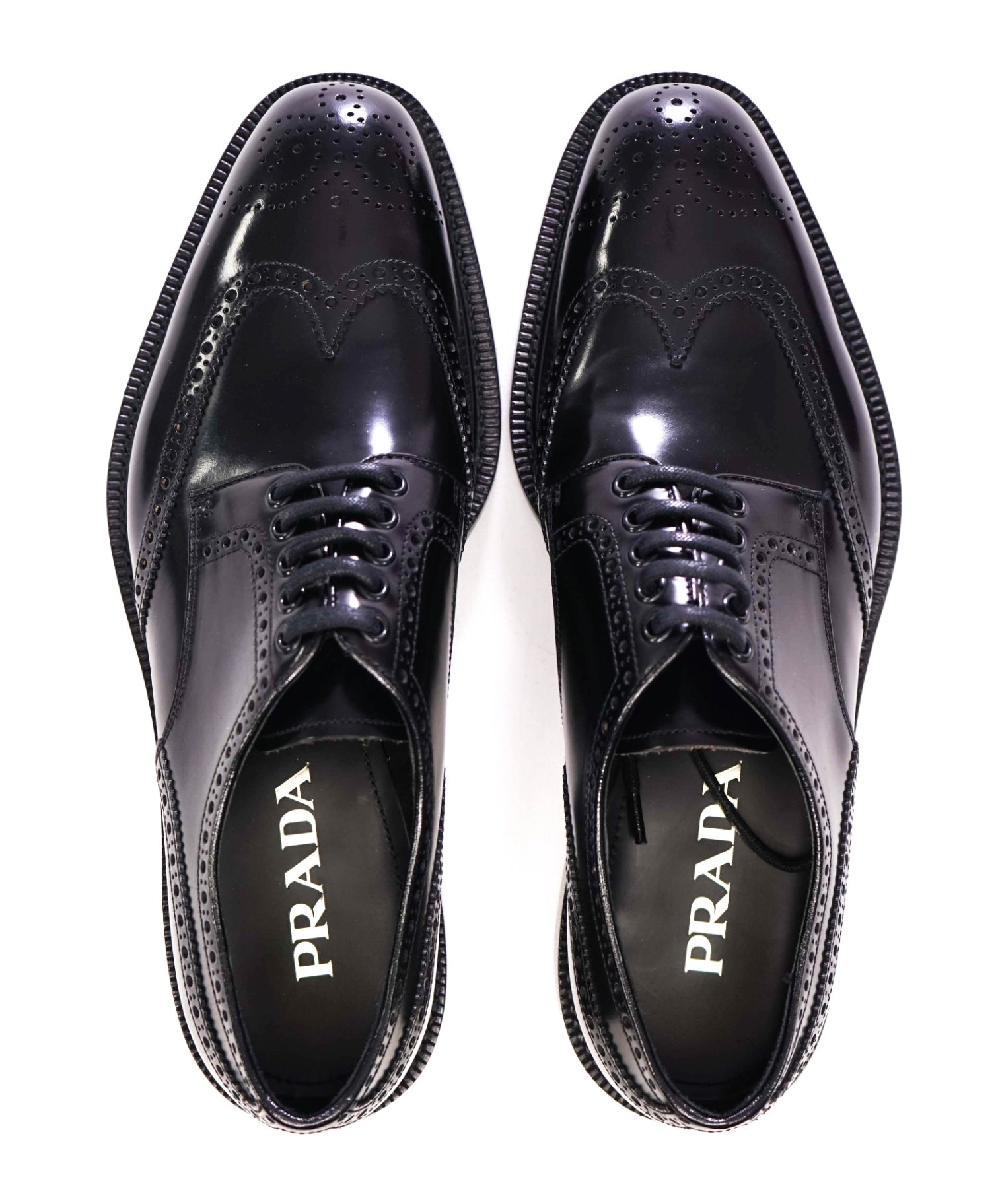 $1,150 Prada Classic Black Leather Brogue Wingtip Oxfords 8.5 (7.5 UK)