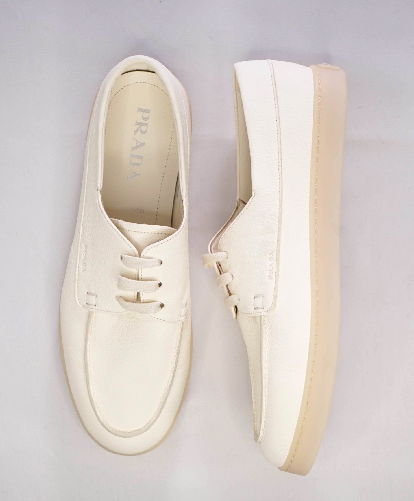 $1,020 Prada LOGO Boat Shoe Slip-on Off White Leather 11 US (10UK)