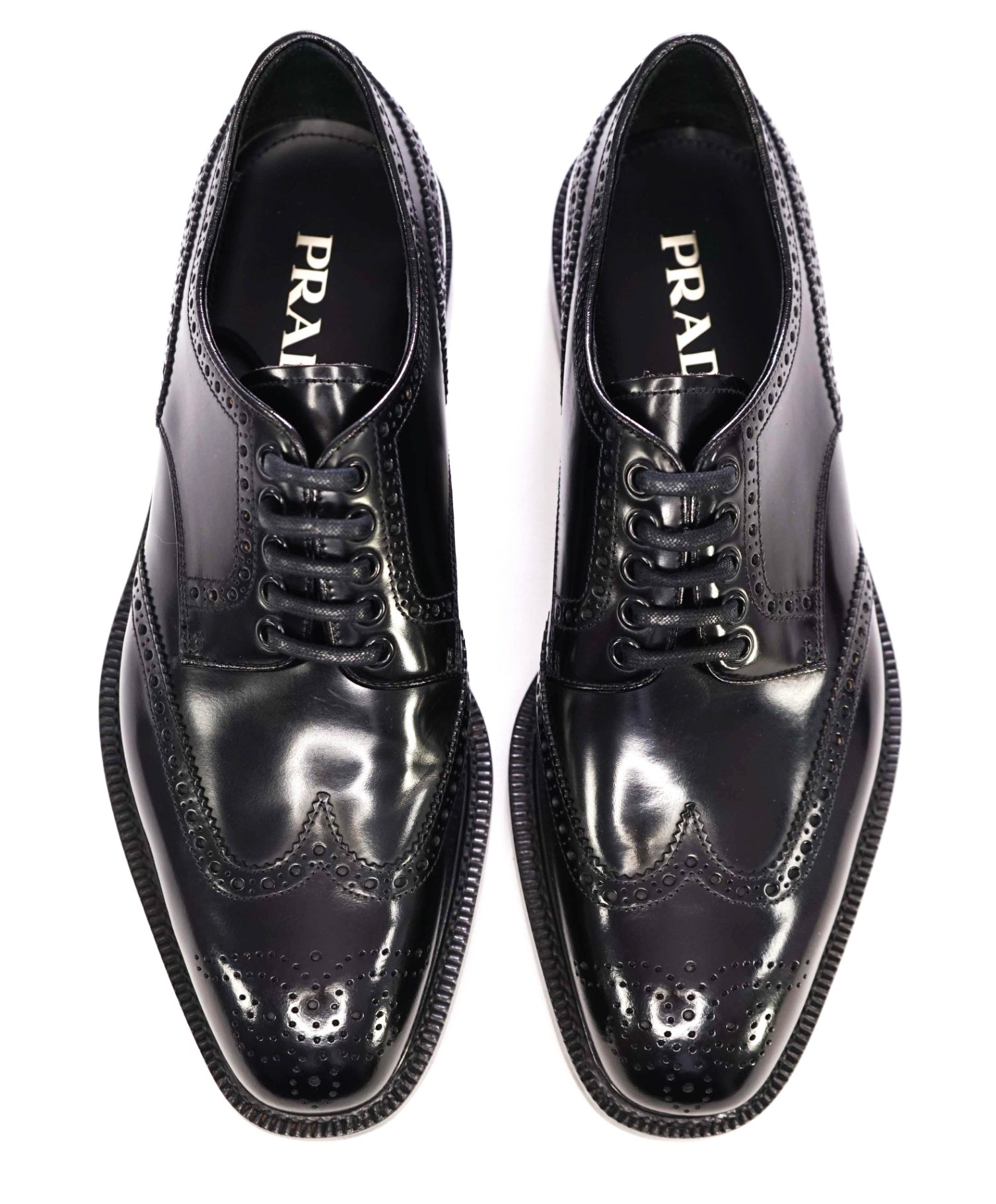 $1,150 Prada Classic Black Leather Brogue Wingtip Oxfords 8.5 (7.5 UK)