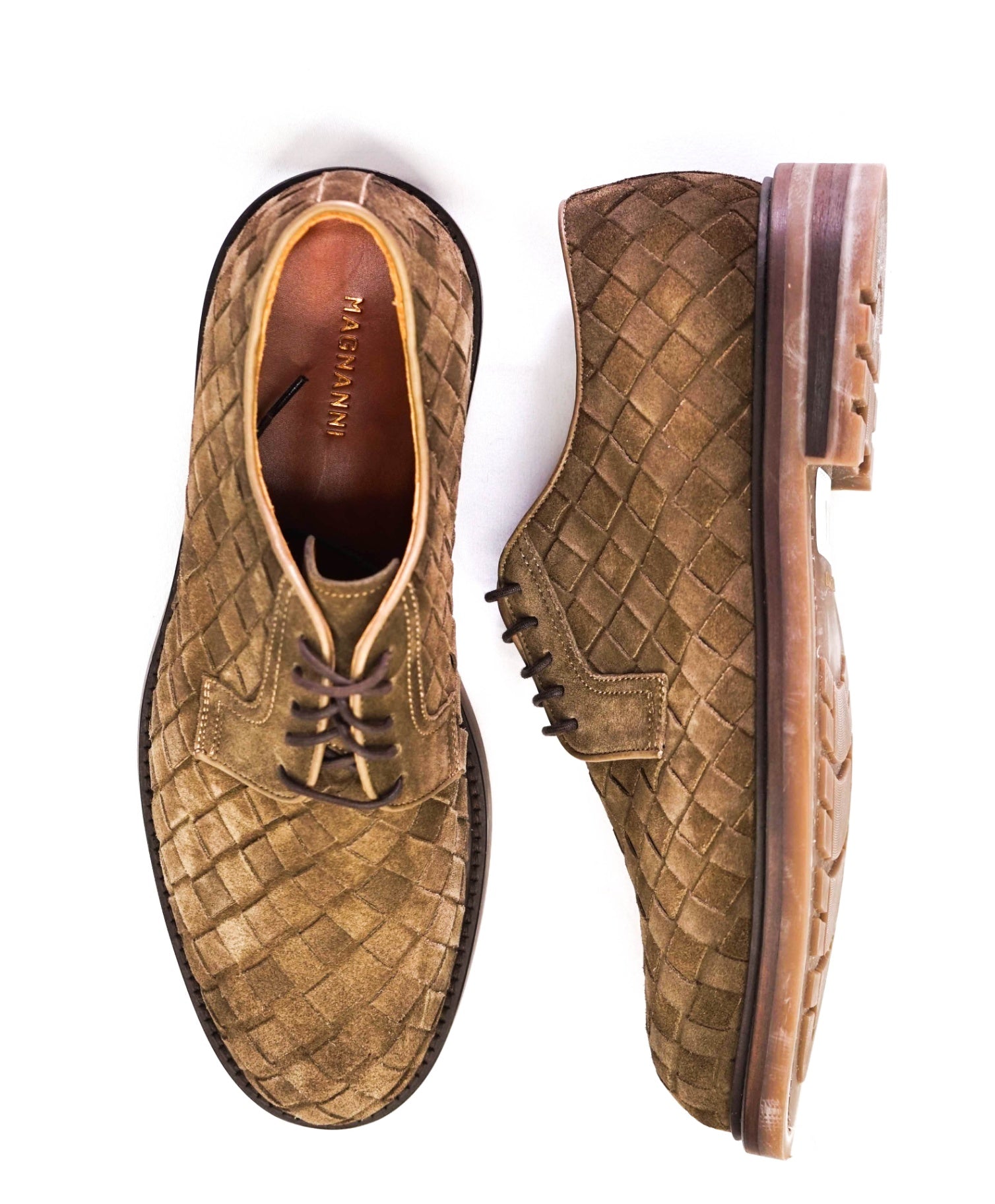 $495 MAGNANNI Brown Woven Suede Oxfords 8