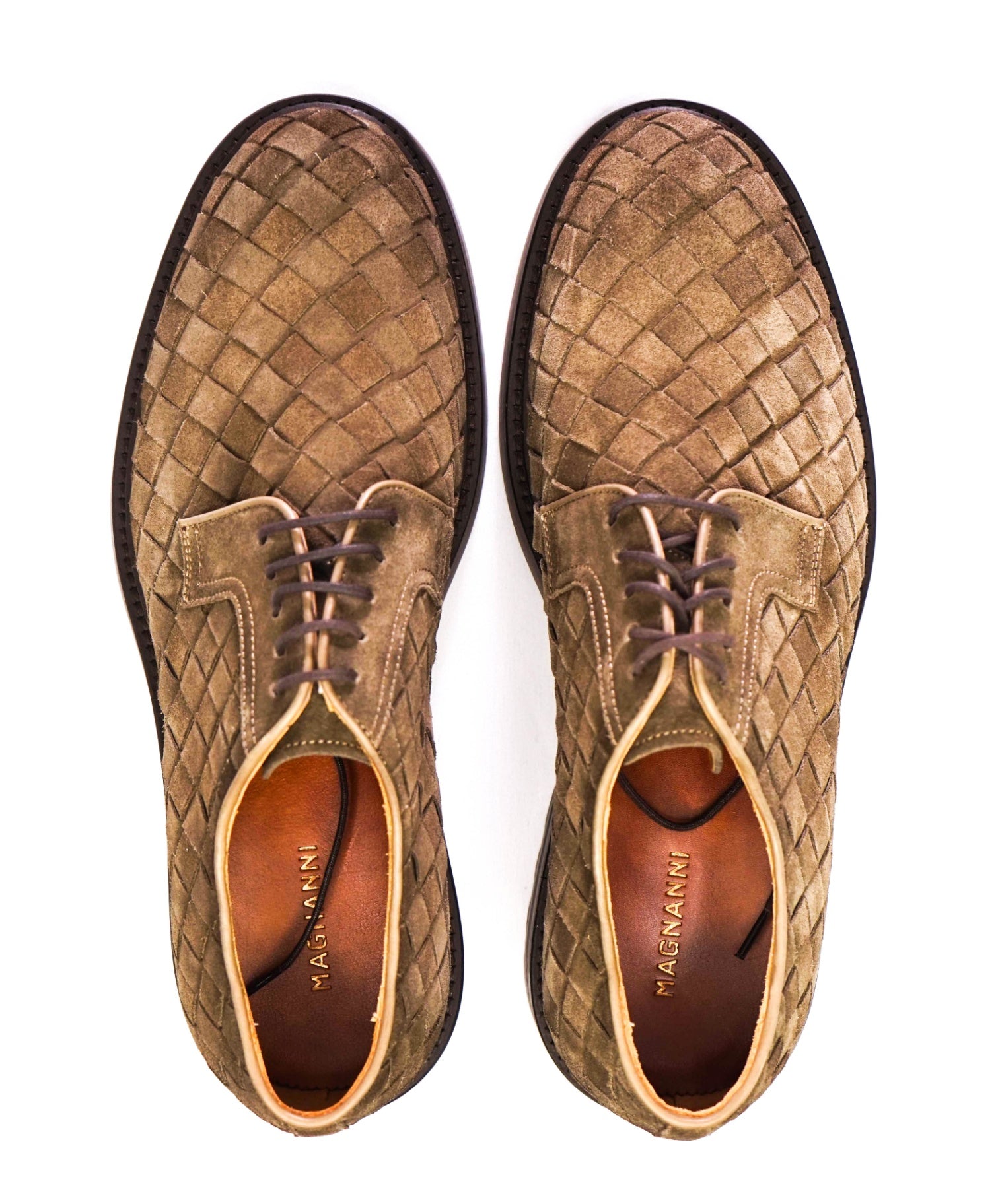 $495 MAGNANNI Brown Woven Suede Oxfords 8