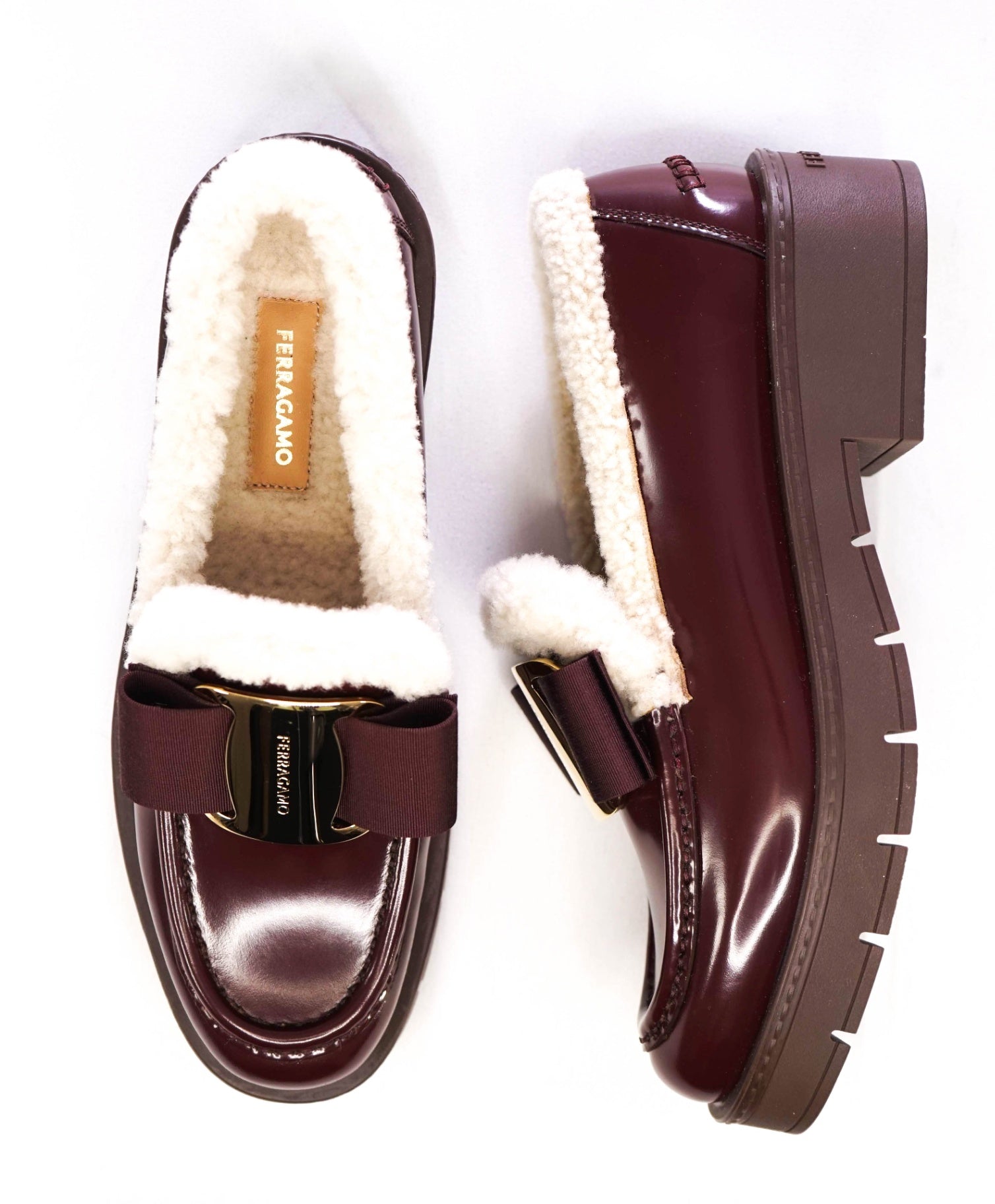 $1,190 Ferragamo Vara Bow Genuine Shearling Lined Loafer 6 C
