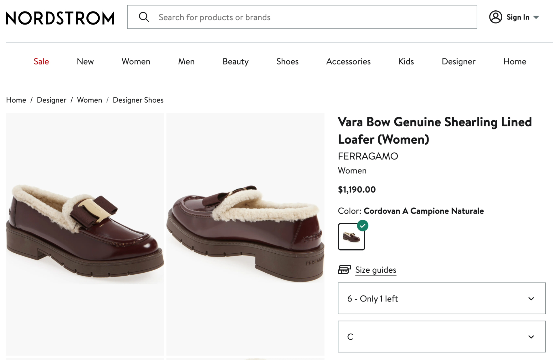 $1,190 Ferragamo Vara Bow Genuine Shearling Lined Loafer 6 C