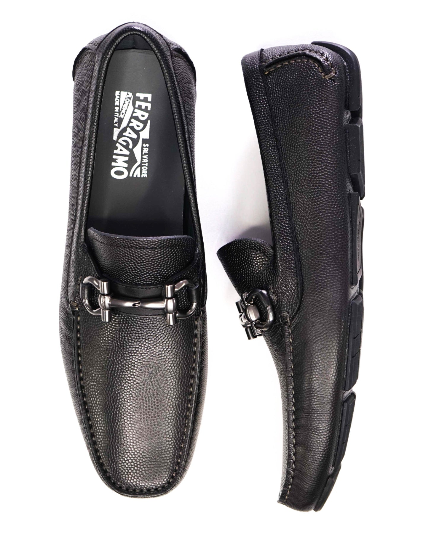 $800 Salvatore Ferragamo "PARIGI" Black Pebbled Leather Loafer 11 D