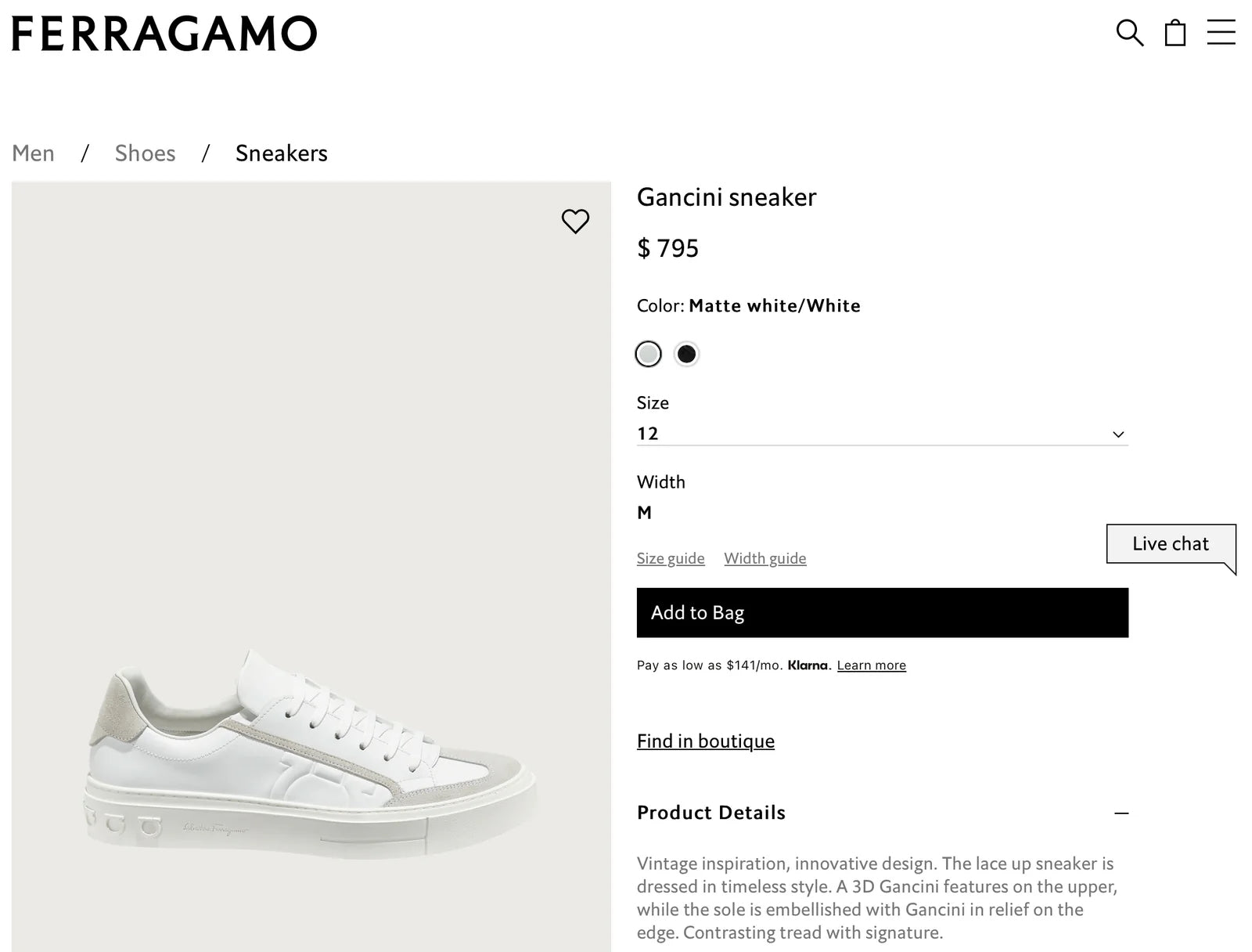 $795 SALVATORE FERRAGAMO - *BORG 5* White Gancini Sneaker - 11 M US