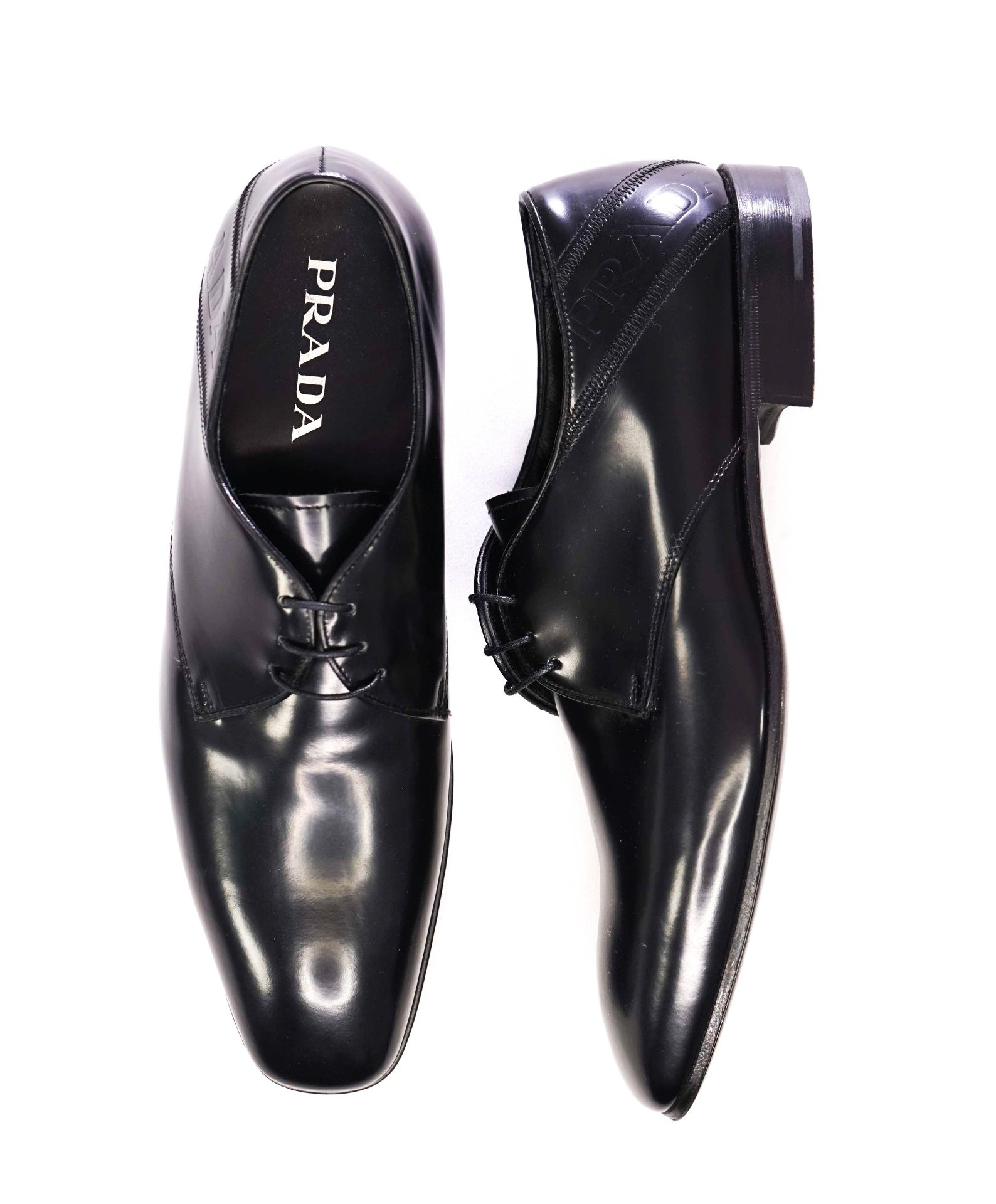 $950 Prada Black Leather LOGO STRAP Oxfords US 8 (7UK)