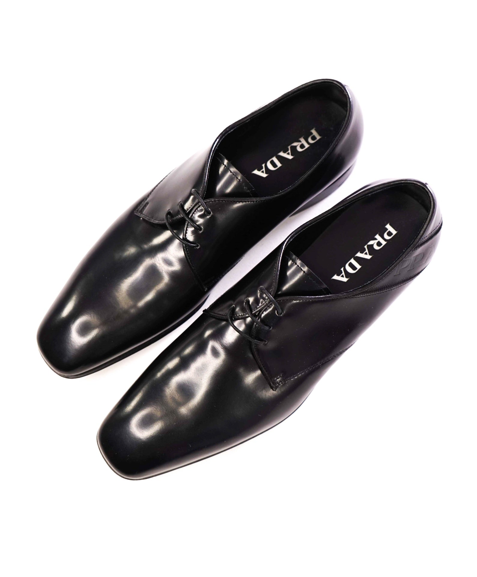 $950 Prada Black Leather LOGO STRAP Oxfords US 8 (7UK)
