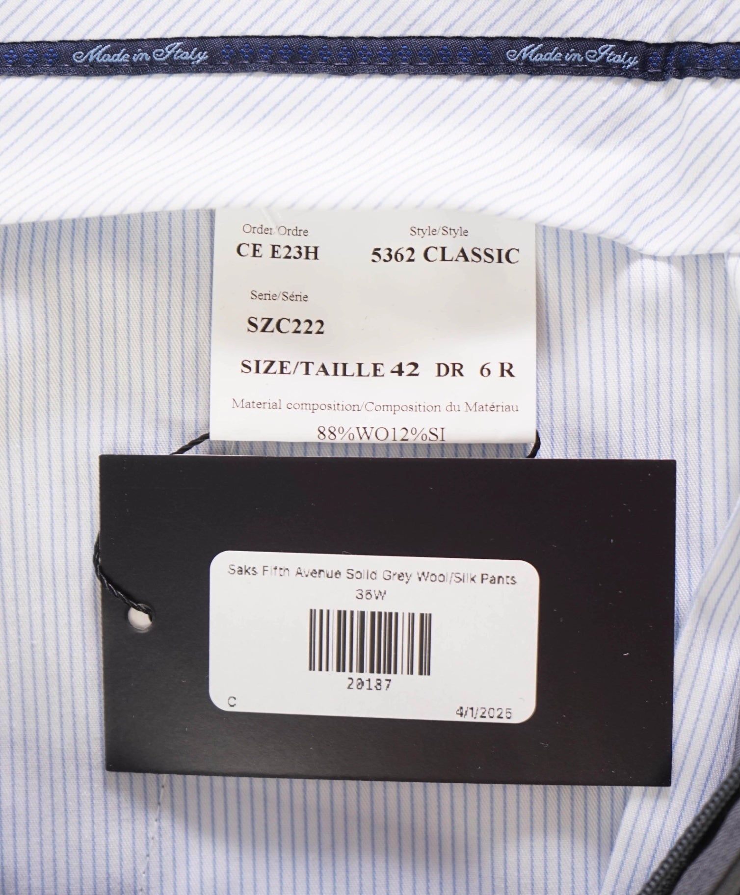 $400 Saks Fifth Avenue Solid Grey Wool/Silk Pants 36W