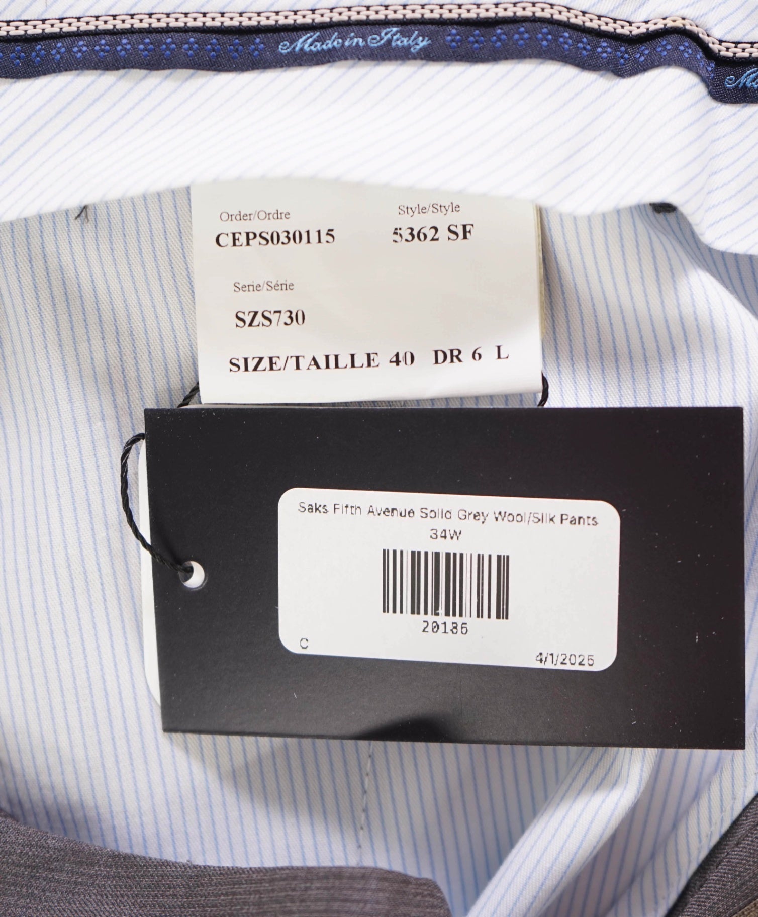 $400 Saks Fifth Avenue Solid Light Grey Wool/Silk Pants 36W