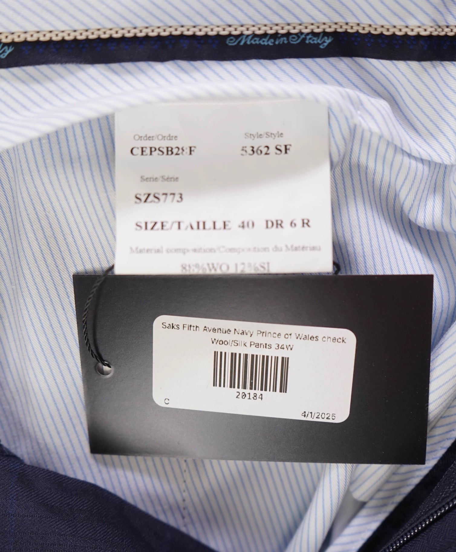 $400 Saks Fifth Avenue Navy Windowpane Made In ITALY Wool/Silk Pants 34W