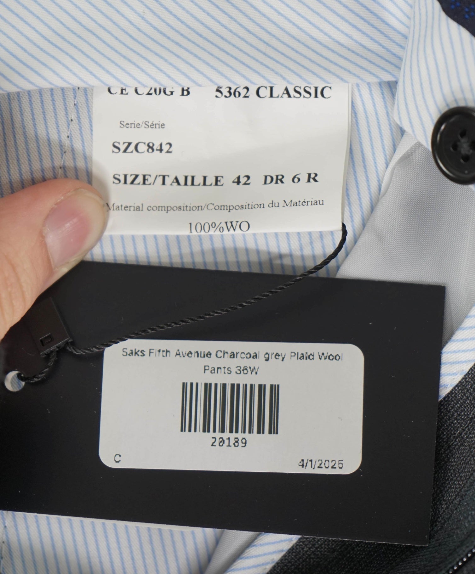 $400 Saks Fifth Avenue Charcoal Grey Plaid Wool Pants 36W