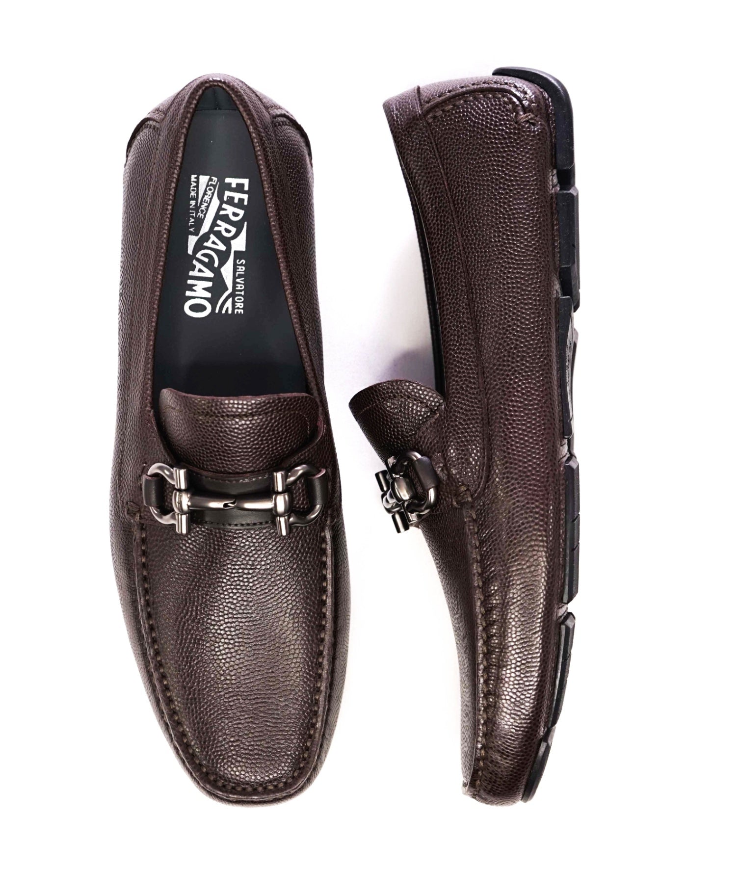 $800 FERRAGAMO "PARIGI" Brown Pebbled Leather Loafer 9D