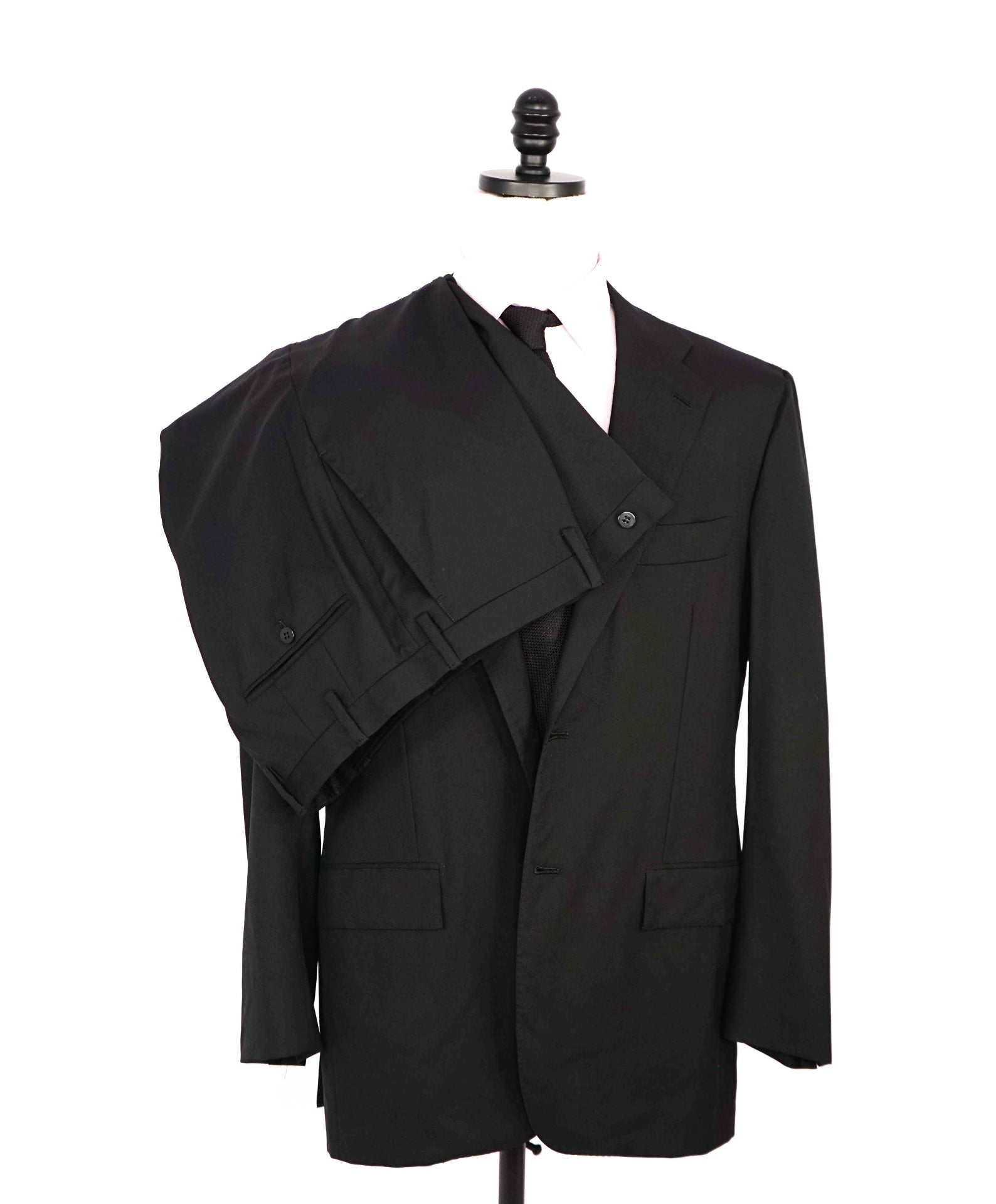 $10,000 KITON - Solid Black Suit 2-3 Roll Lapel - 42R