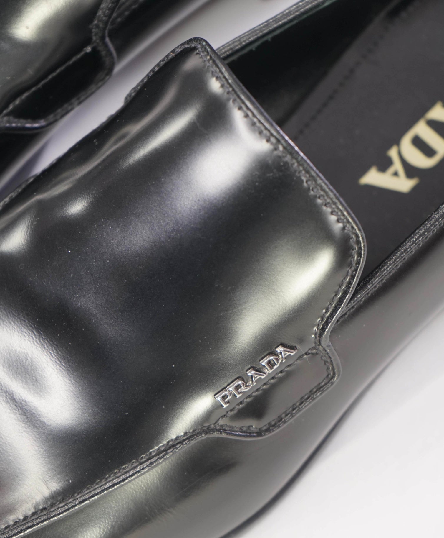 $995 PRADA Black Logo Leather Loafers US 8 (7UK)