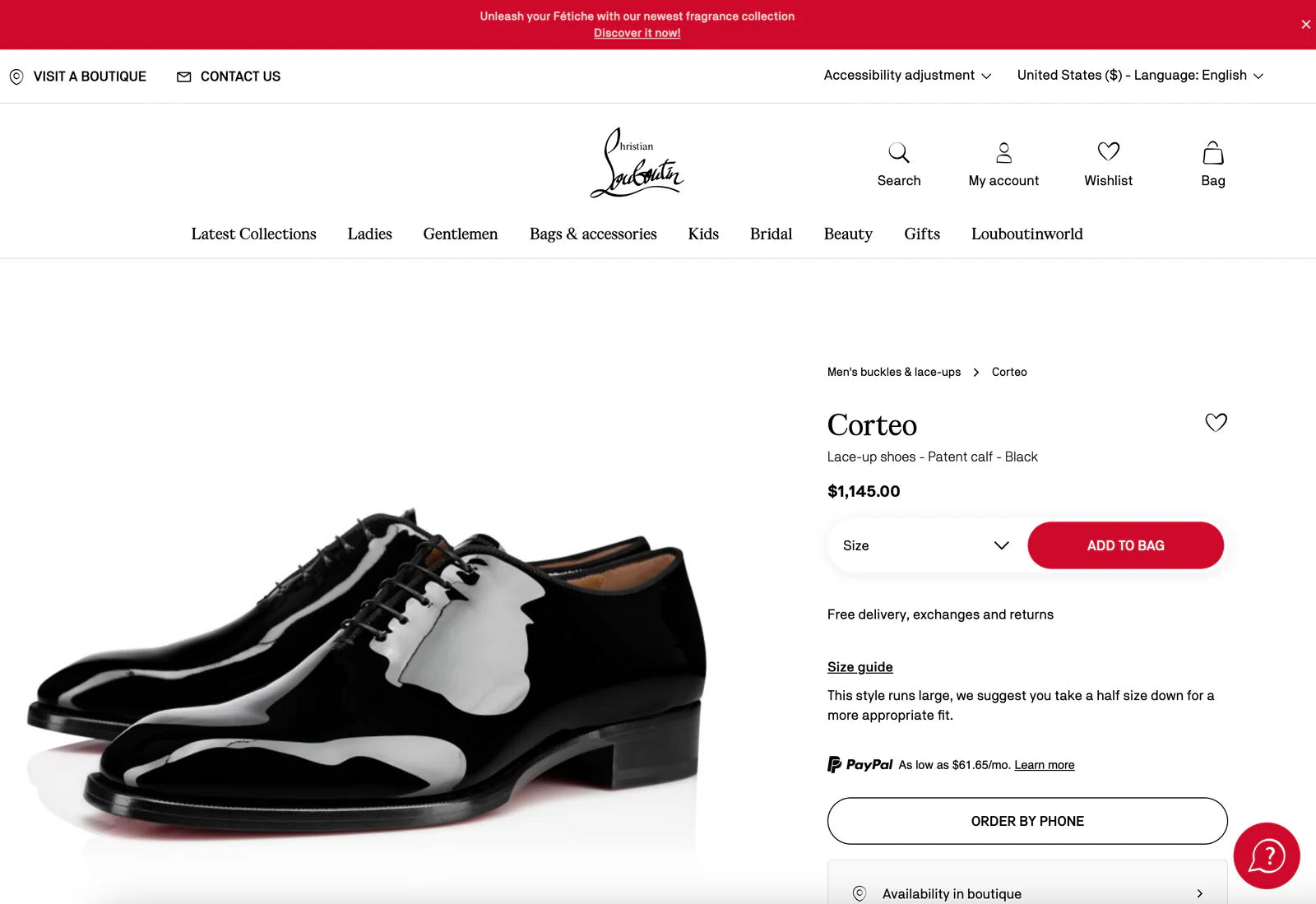 $1,145 CHRISTIAN LOUBOUTIN - *CORTEO* Black Patent Leather Oxfords - 9.5 US (42.5EU)