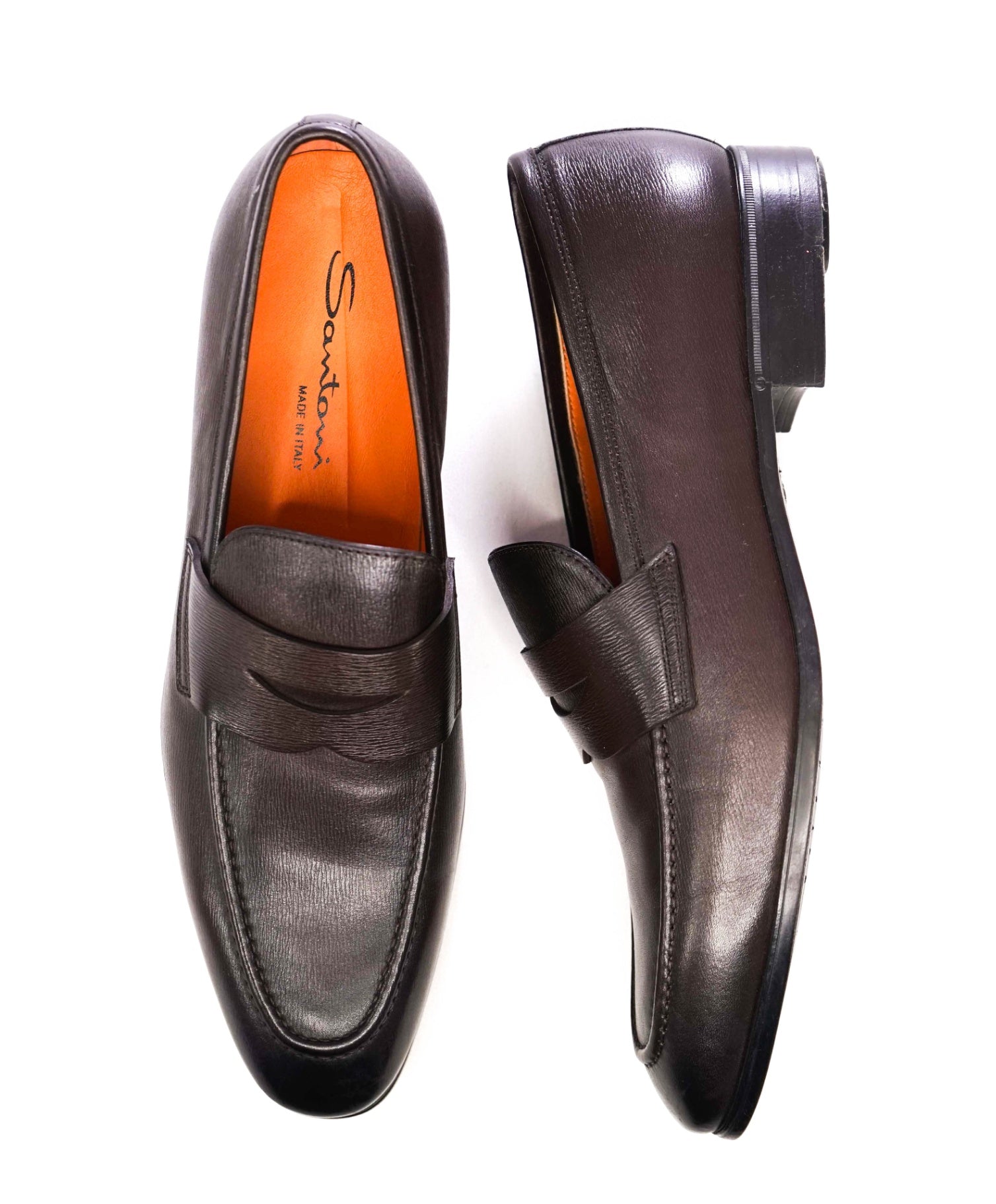 $995 Santoni Brown Penny Textured Leather loafers US 9.5 (UK8.5)