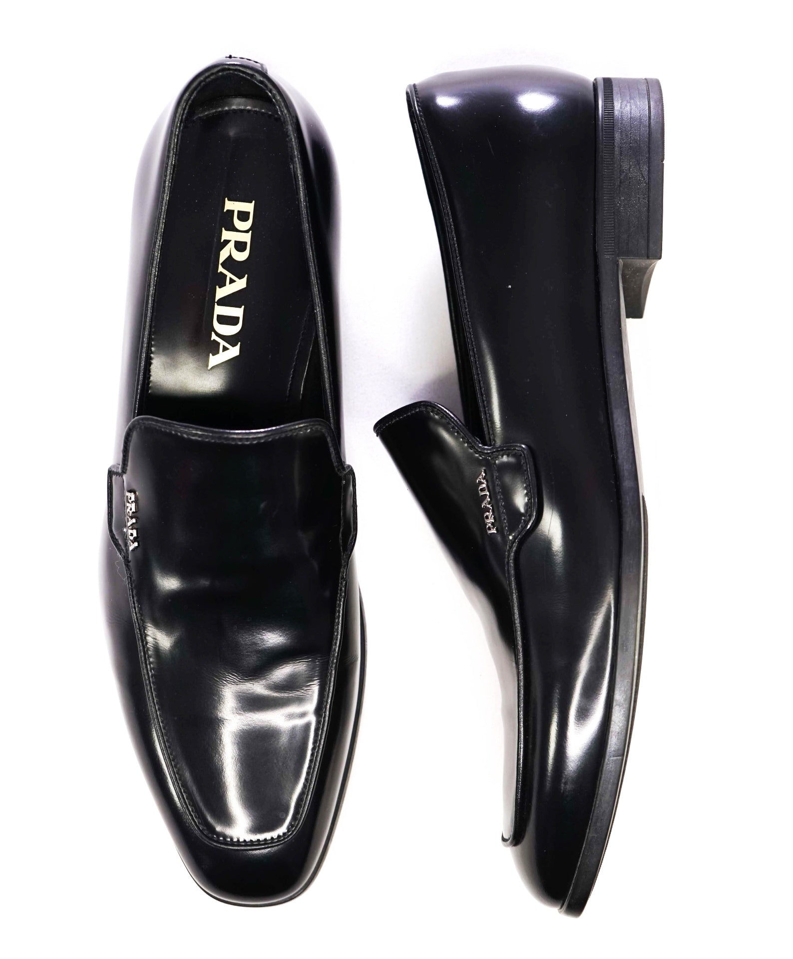 $995 PRADA Black Logo Leather Loafers US 8 (7UK)