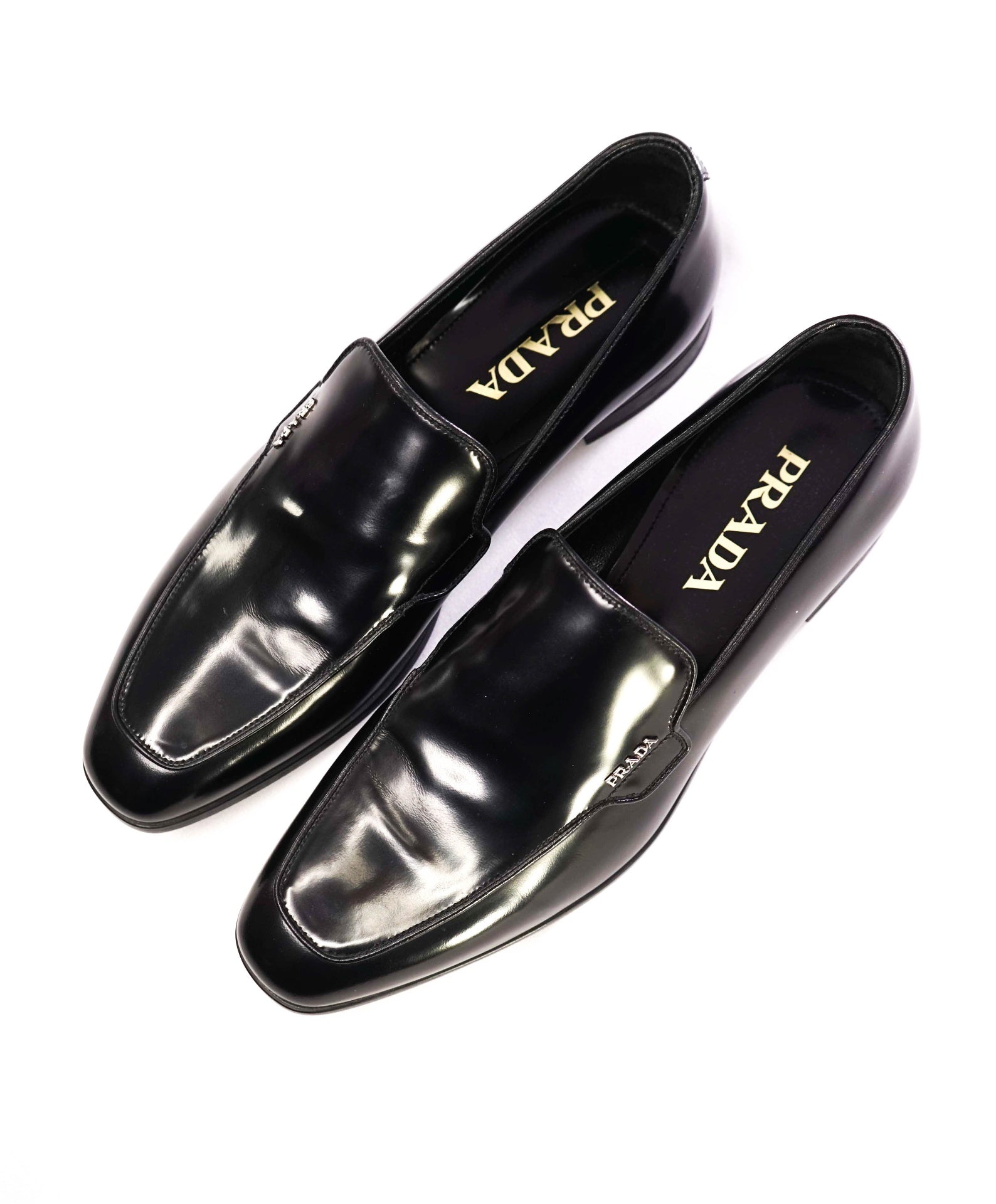 $995 PRADA Black Logo Leather Loafers US 8 (7UK)