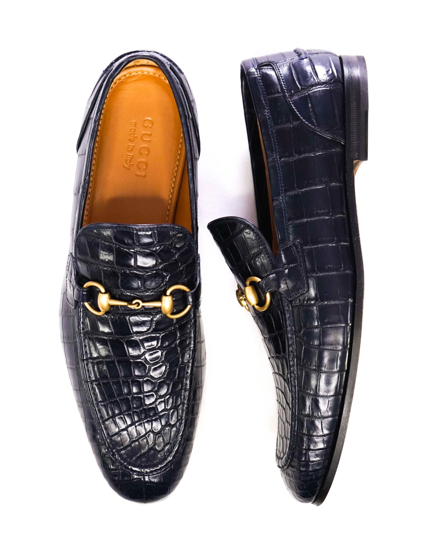 $4,300 GUCCI "JORDAAN" Crocodile Skin Navy Blue Loafers 10 US (9.5G)