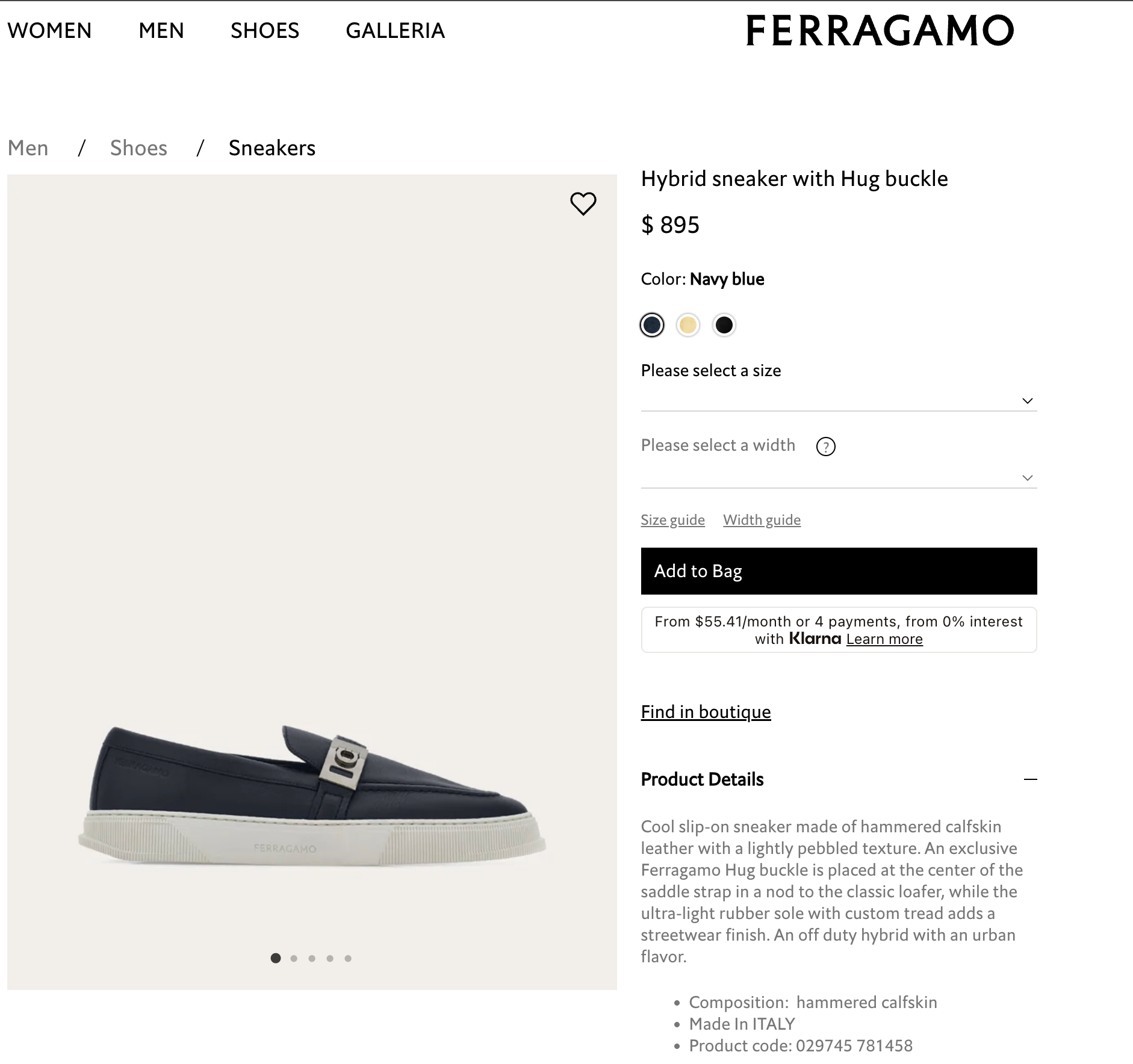 $895 FERRAGAMO Hybrid Sneaker With Hug buckle Navy Blue 12 M