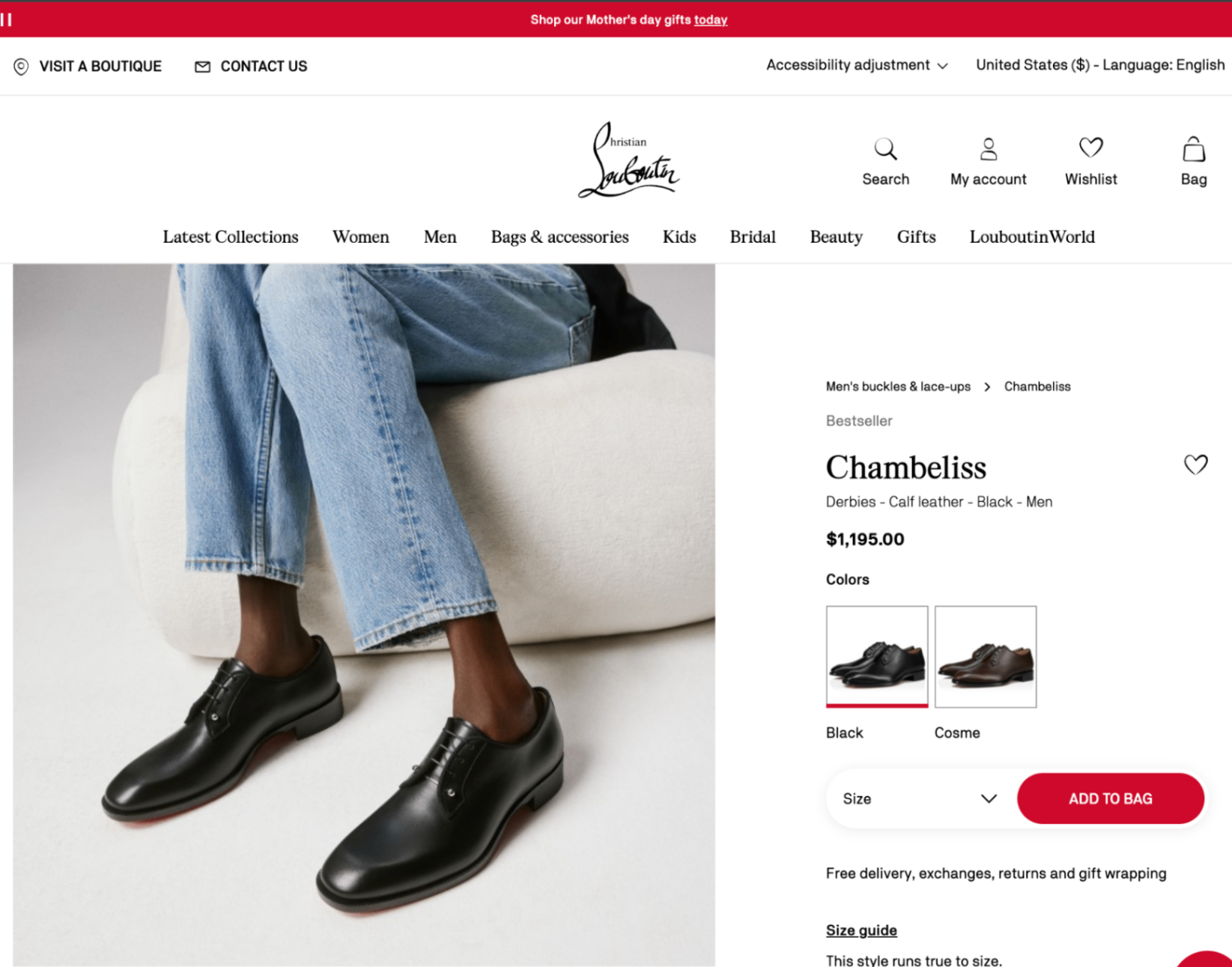 $1,250 Christian Louboutin "Chambeliss" Black Leather Oxfords 9US (42EU)