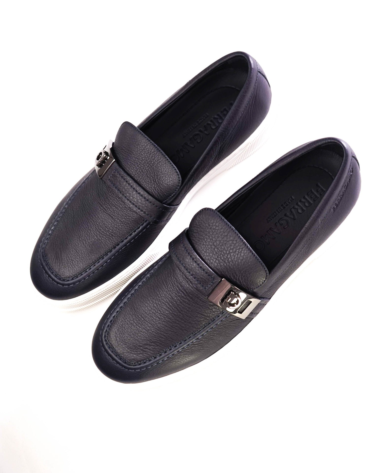 $895 FERRAGAMO Hybrid Sneaker With Hug buckle Navy Blue 12 M