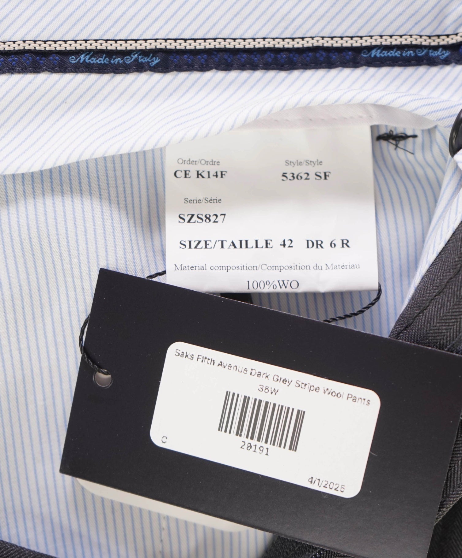 $400 Saks Fifth Avenue Dark Grey Stripe Wool Pants 36W