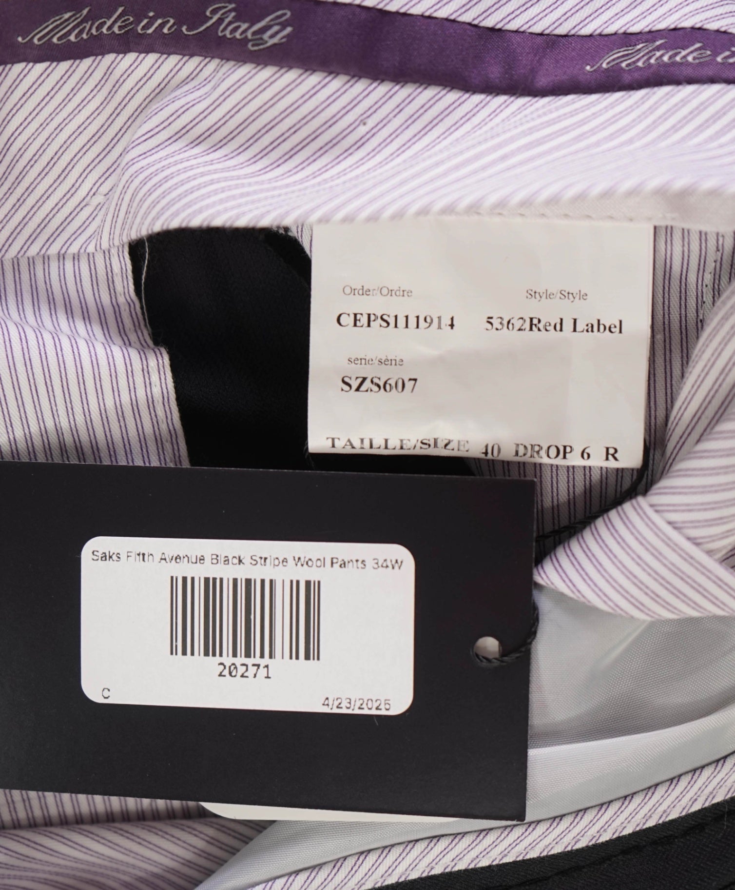 $400 Saks Fifth Avenue Black Stripe Wool Pants 34W