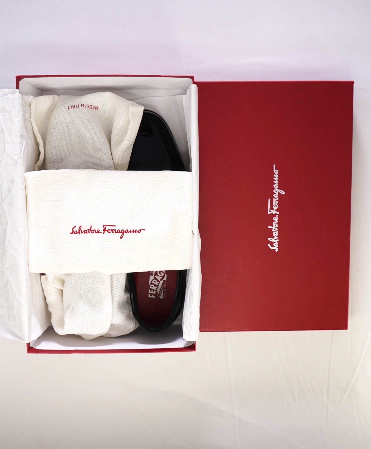 $950 Salvatore Ferragamo "Grandioso" Black Patent Leather Loafers 9.5 EE