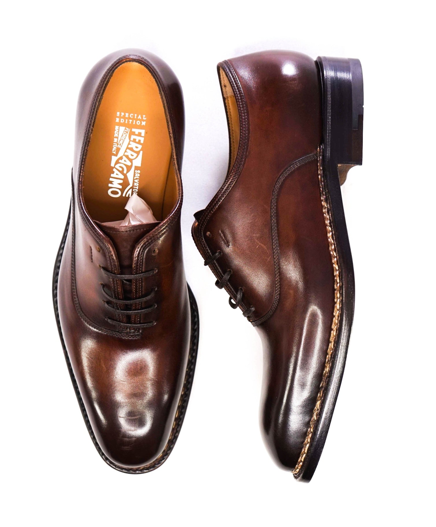 $1,495 Salvatore Ferragamo "TRAMEZZA" Special Edition Brown Oxfords 7 D